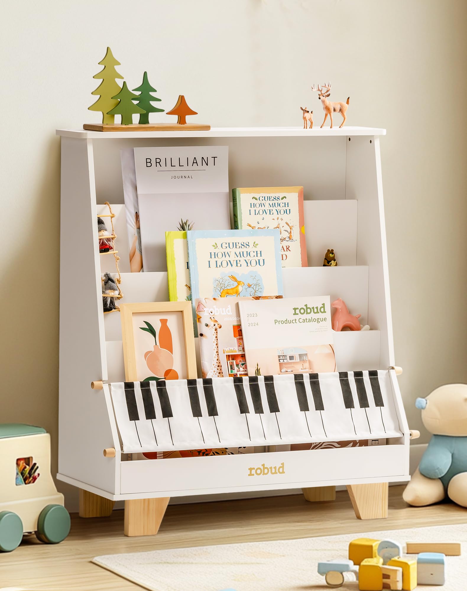 Kids Bookshelf, White Wooden Book Shelf with Stability & Sturdiness