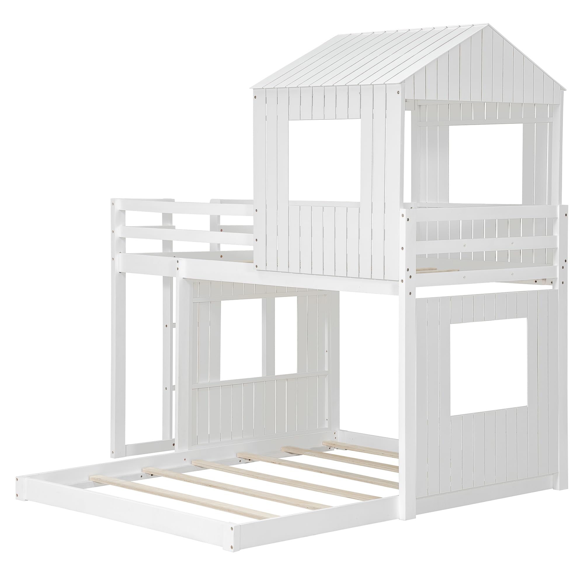 Twin Over Full Bunk Bed Frame, Solid Wood House Bunk Bed with Roof