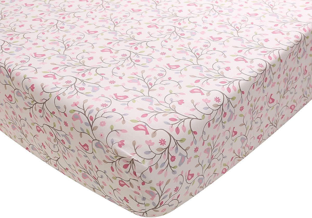 Pink Floral Happy Birds Nursery Bedding Set 4 PCs Embroidered Flowers Birds Bedding Crib Set Quilt + Fitted Sheet + Skirt + Window Valance (4 PCs Bedding Set)