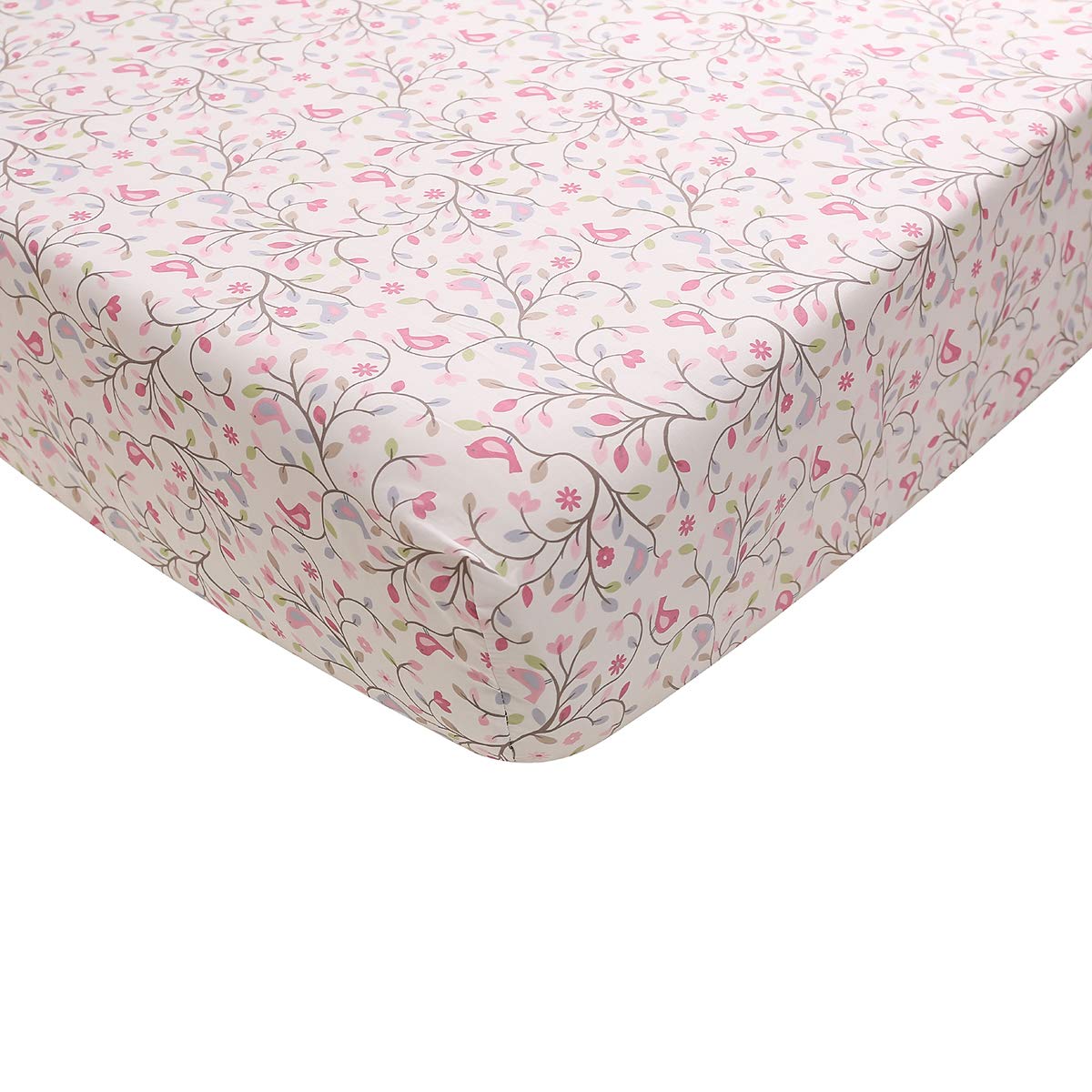 Pink Floral Happy Birds Nursery Bedding Set 4 PCs Embroidered Flowers Birds Bedding Crib Set Quilt + Fitted Sheet + Skirt + Window Valance (4 PCs Bedding Set)