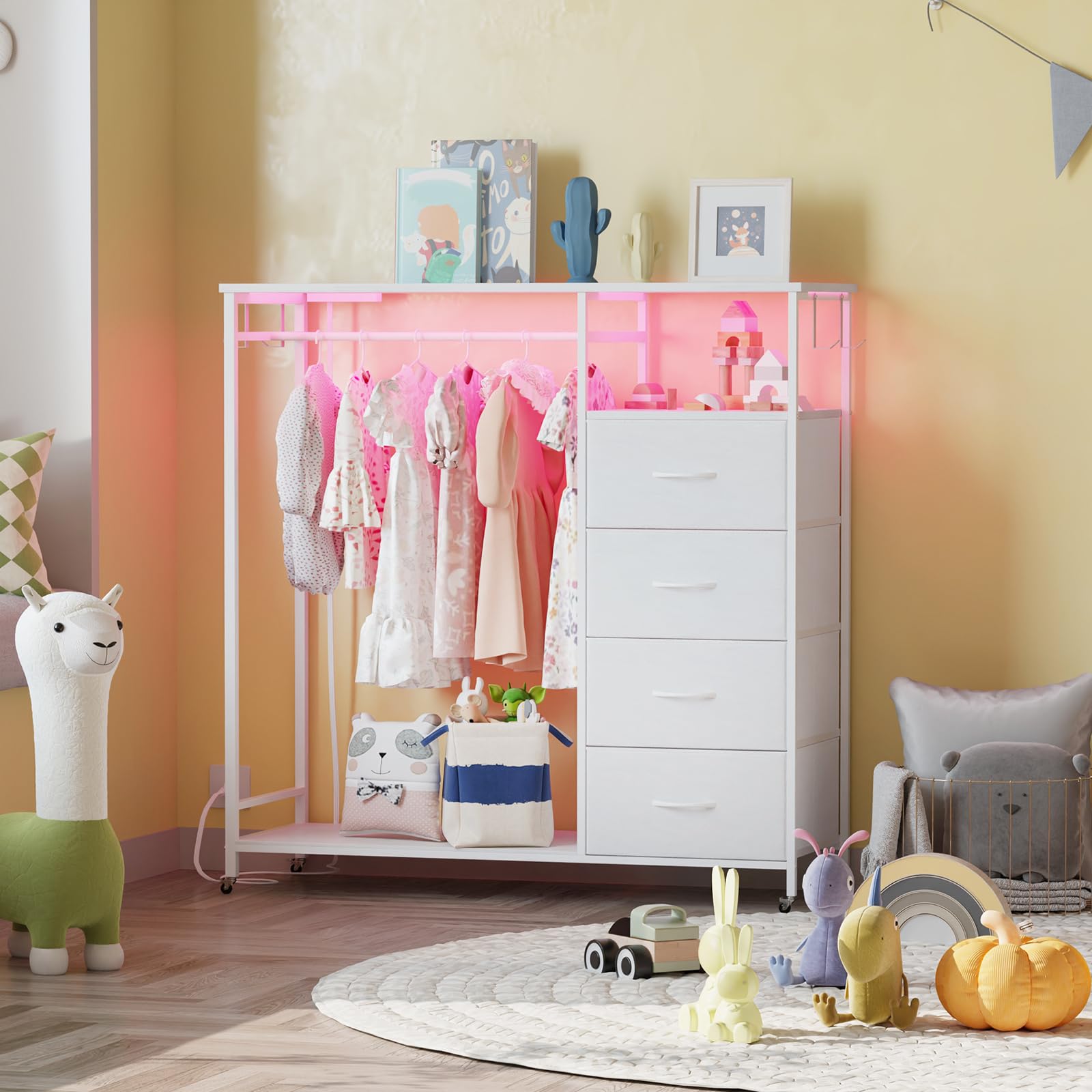 Tall Dresser with Clothes Rack LED Lights and Charging Station