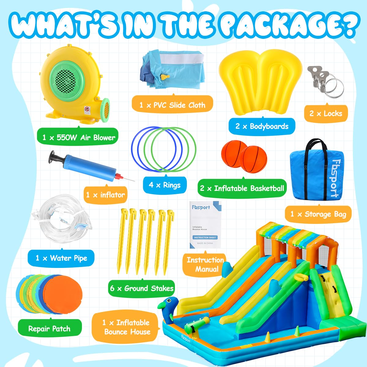 Inflatable Water Bounce House with Triple Slide and Splash Pool