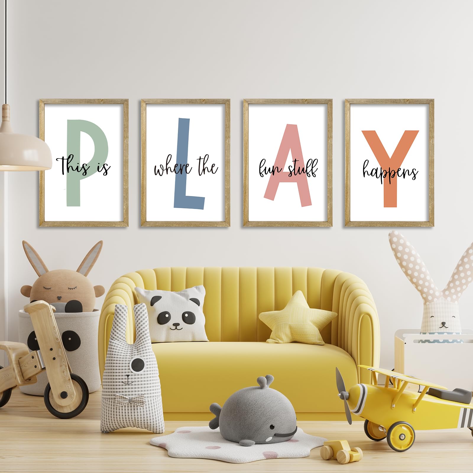 Kids Playroom Wall Art Decor Rustic Wood Framed Sign Set of 4
