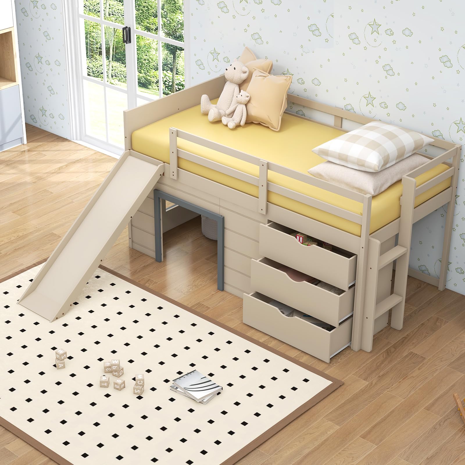 Twin Low Loft Bed with Slide and Storage Drawers