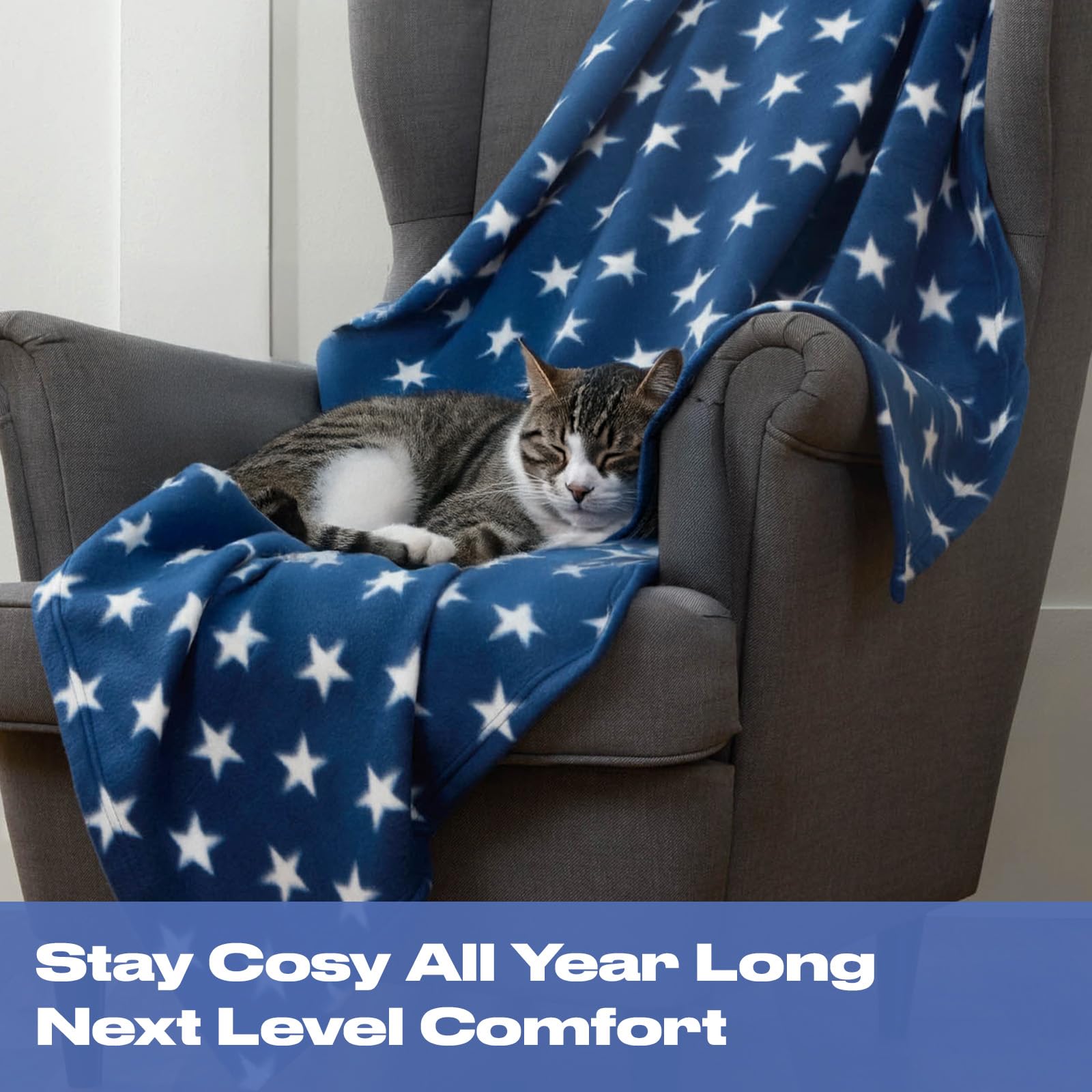 Flannel Fleece Stars Throw Blanket Navy Blue White 50x60