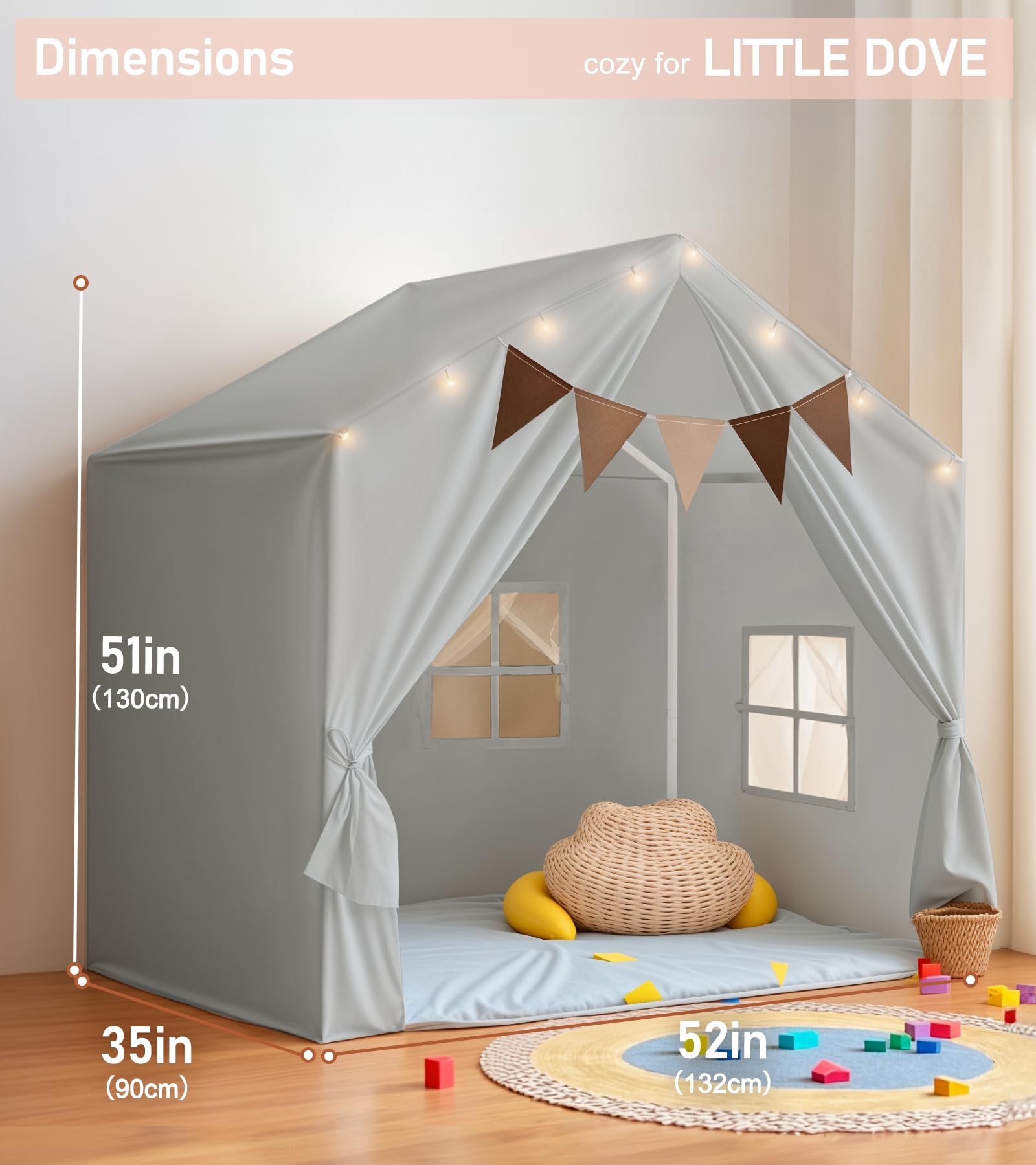 Kids Tent, Play Tent with Star Lights, Large Play Tents with 2 Windows, Kids Playhouse Indoor & Outdoor, Reading Nook, Christmas Toddler Tents for Girls & Boys, 52" x35" x 51", Gray