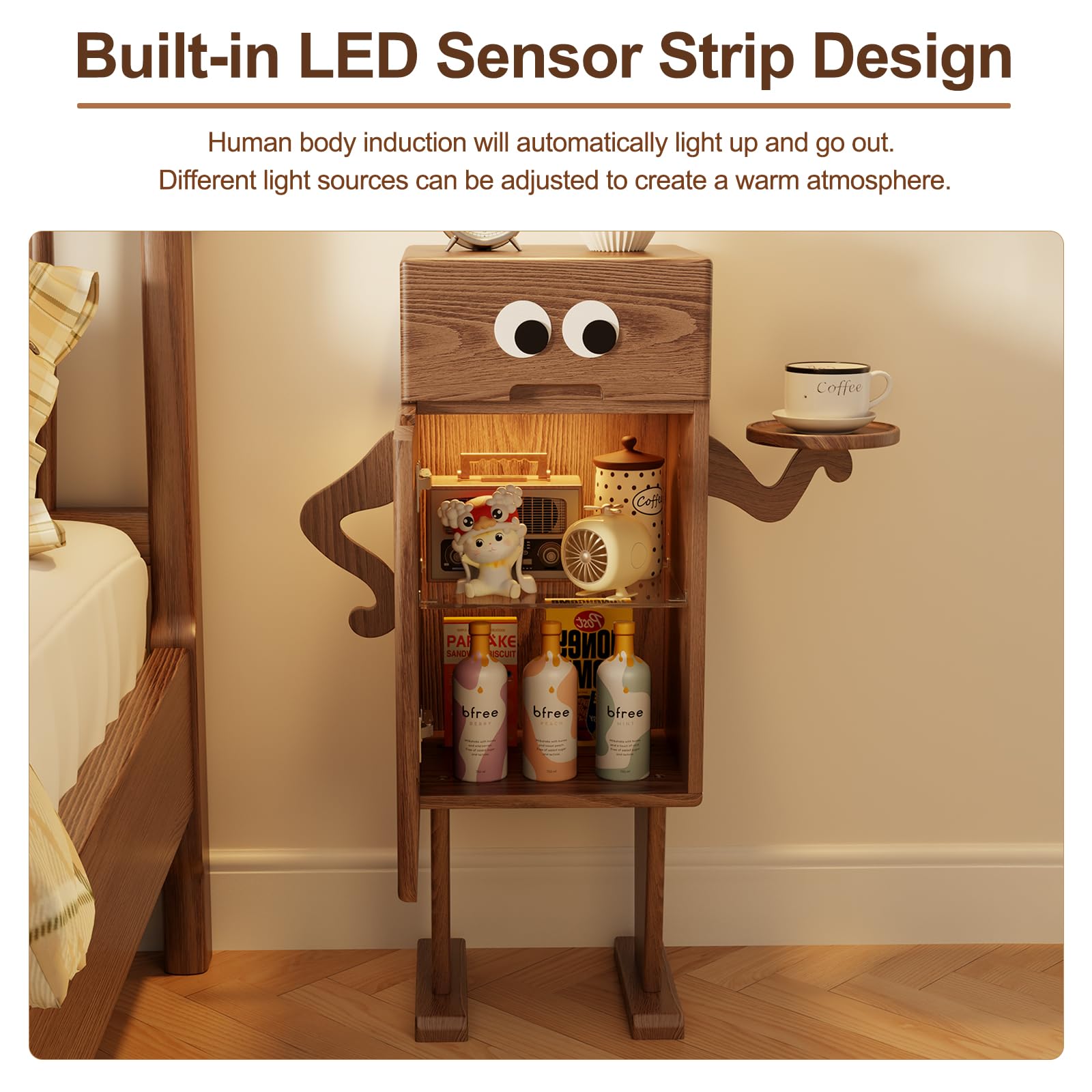 Solid Wood Nightstand with LED Light and Adjustable Dividers