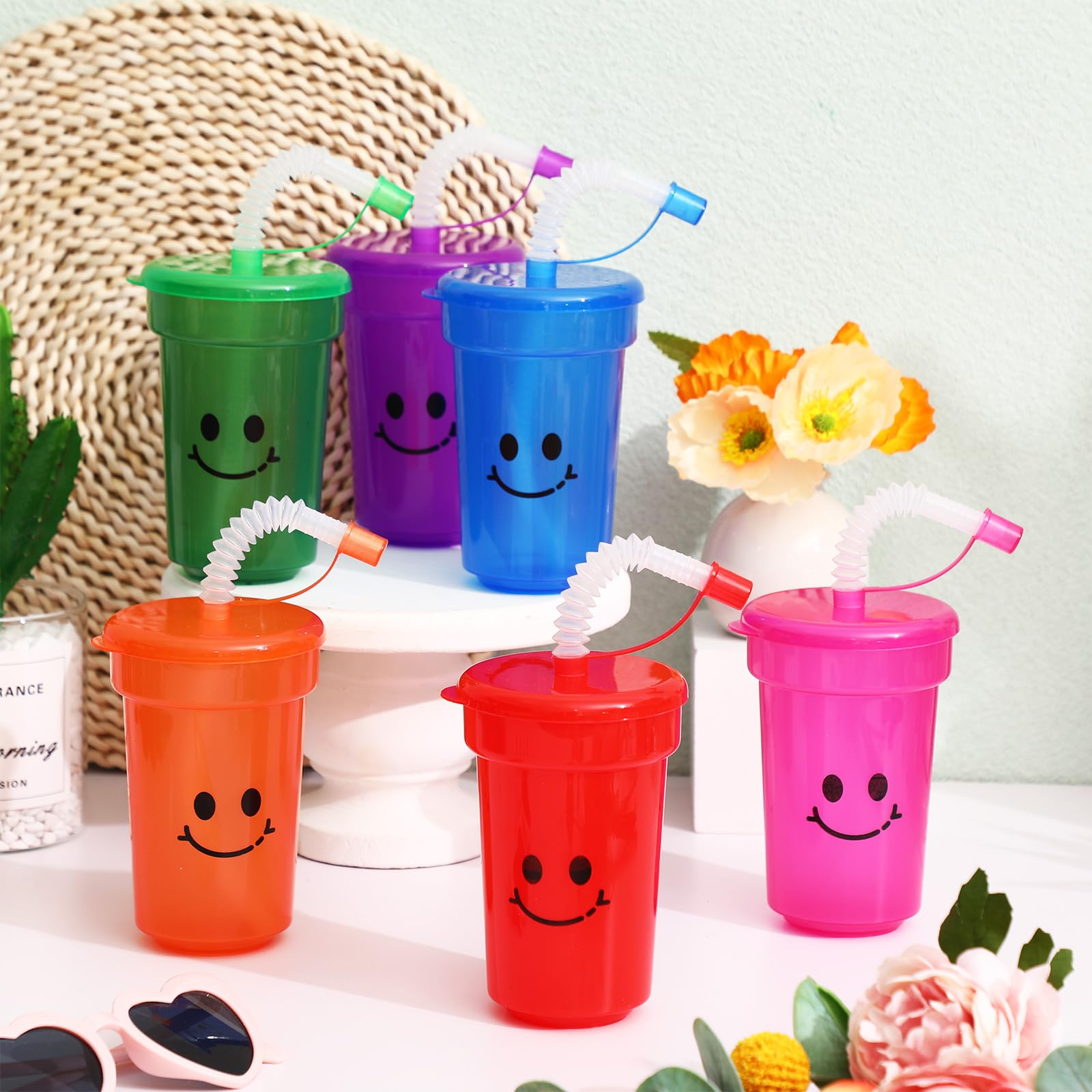 12 oz Neon Cups Bulk Laugh Face Neon Colorful Plastic Cups Back