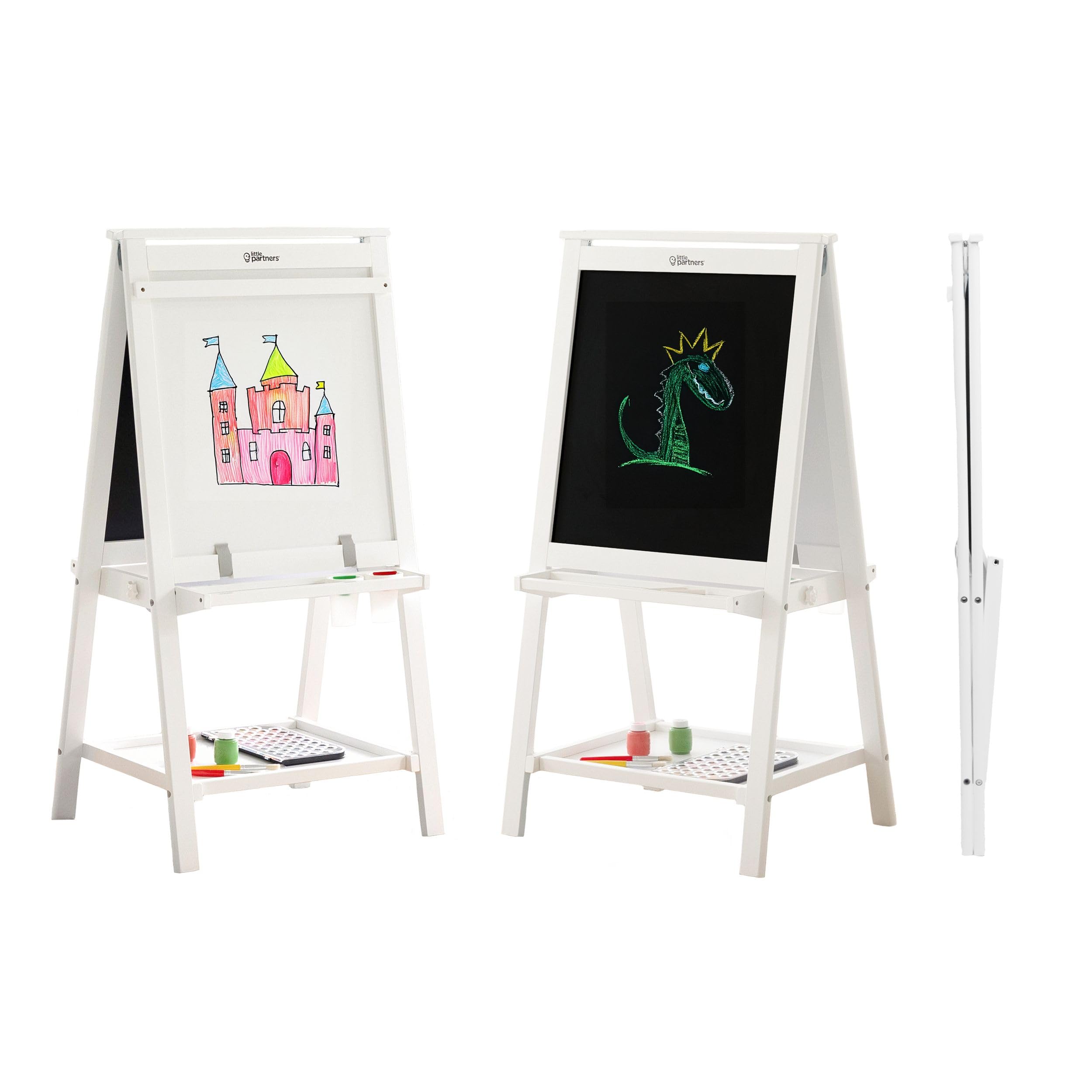 Little Partners Folding EZ Painting Easel for Kids, Dual-Sided Art Easel for Kids Art Station, Folds Flat with Chalkboard, Dry Erase Whiteboard, Paper, Eraser, Paint Cups, Shelf (Soft White)