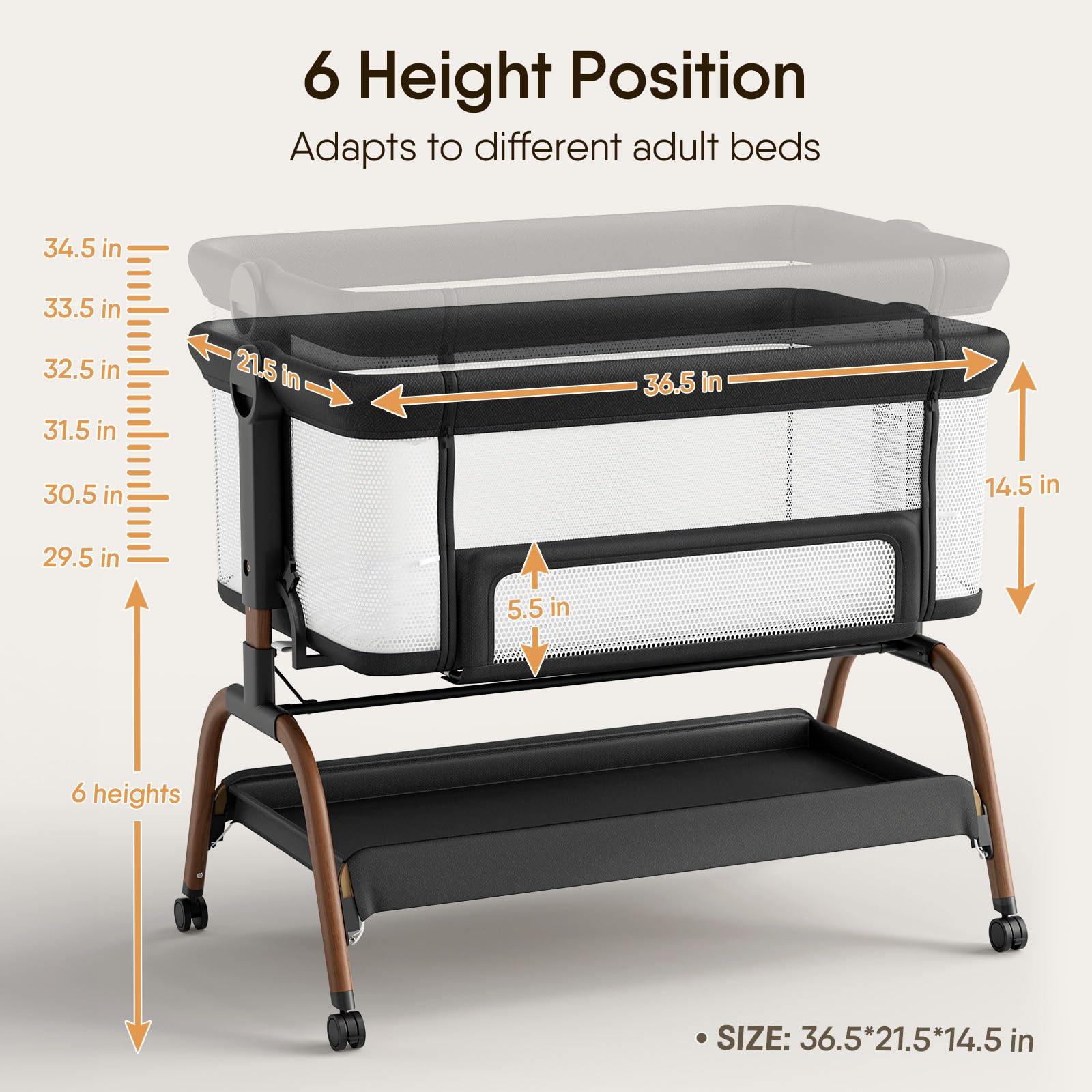 3-in-1 Bedside Bassinet with Adjustable Height