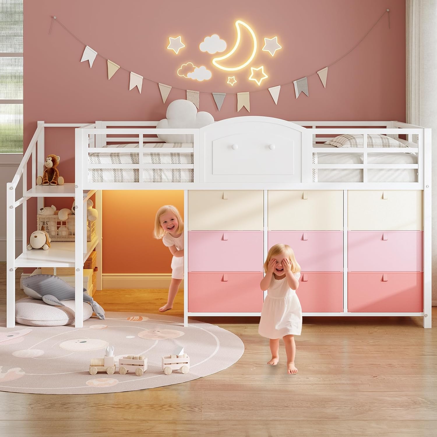Low Loft Bed Twin Size with 9 Storage Drawers and LED Lights
