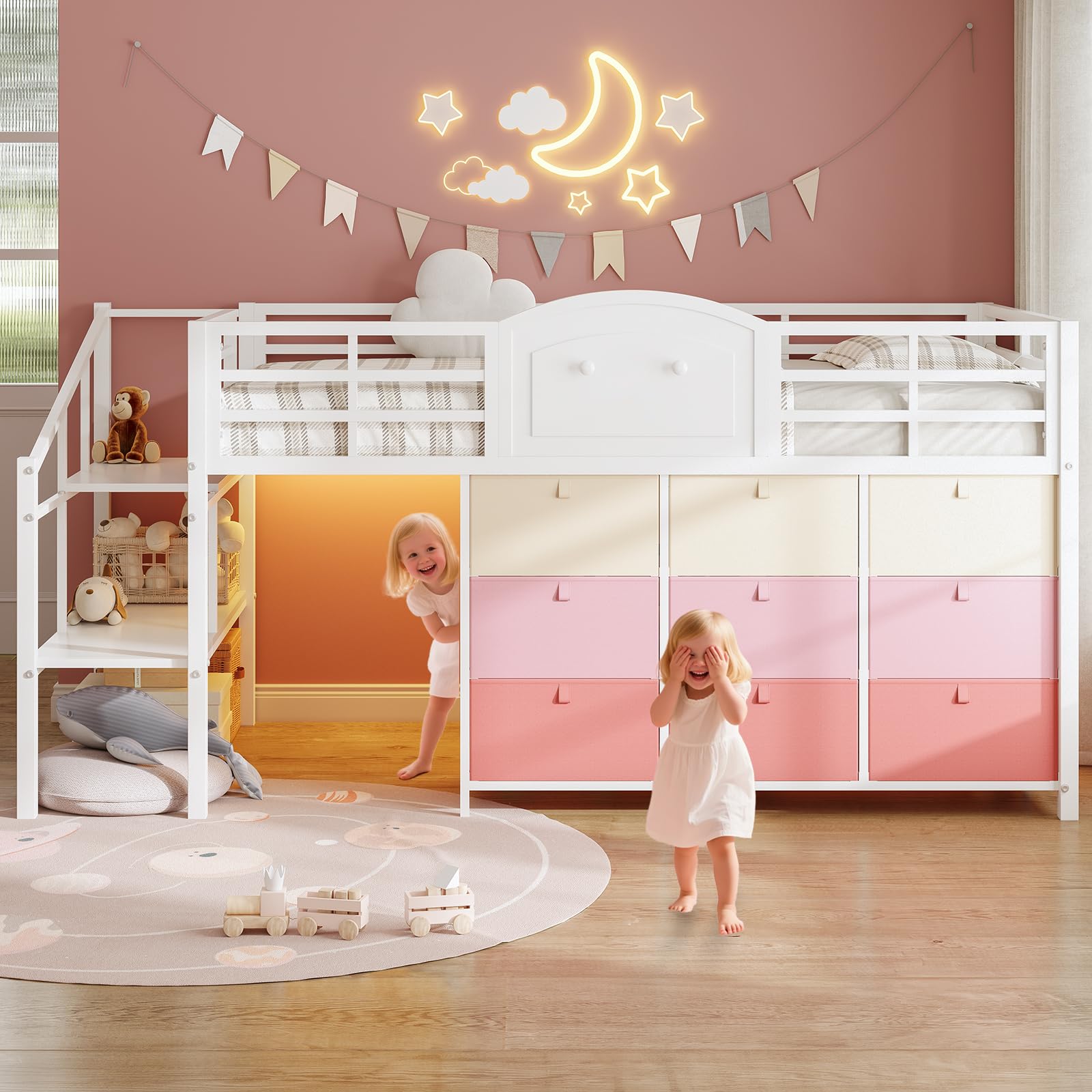 Low Loft Bed Twin Size with 9 Storage Drawers and LED Lights
