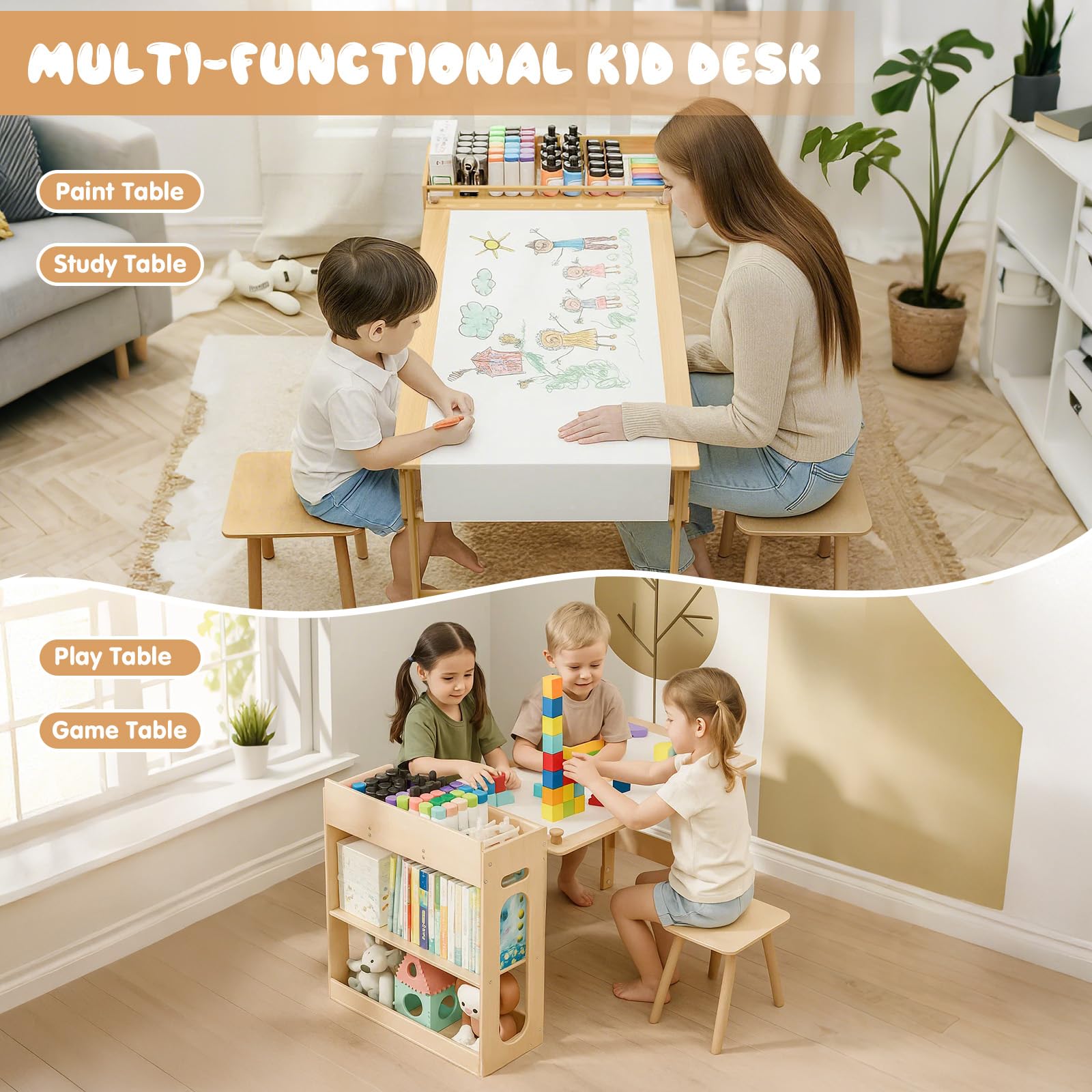 Kids Art Table and 2 Chairs Set with Storage