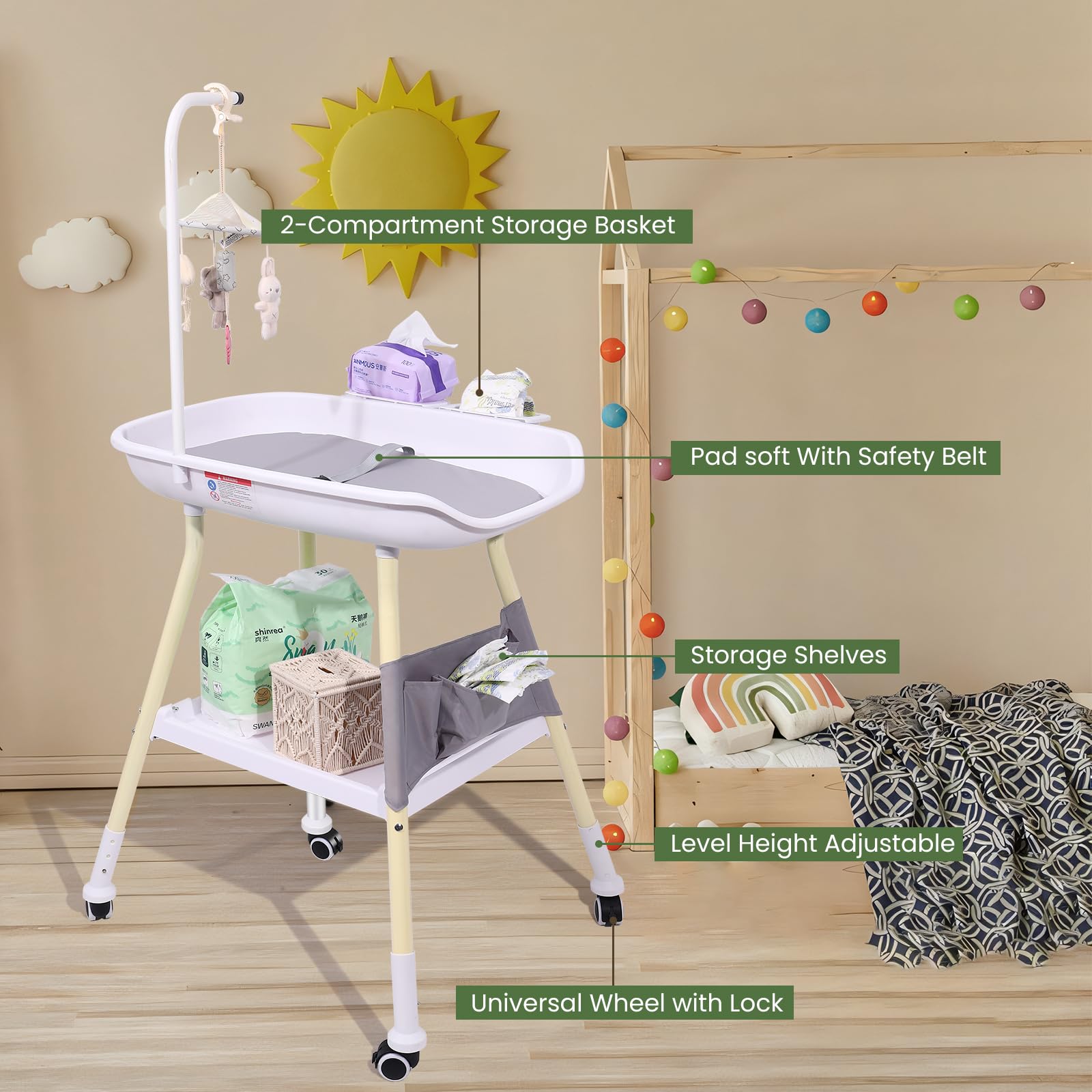 Adjustable Height Baby Changing Table with Mobile