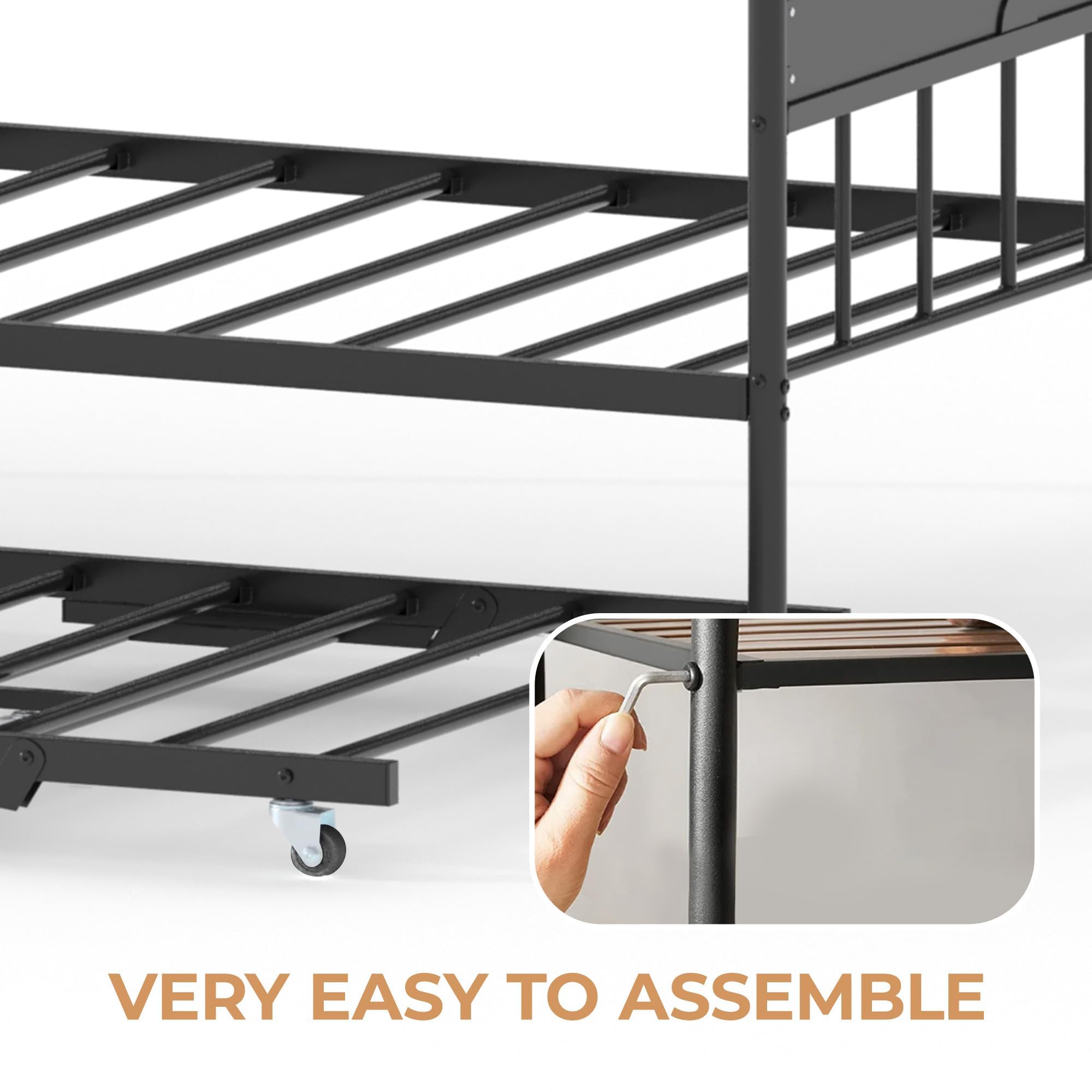 Daybed with Trundle, Metal Twin Size Day Bed with Stylish Headboard, Sofa BedFrame with Pop Up Foldable Trundle Bed, Heavy Duty Steel Slats Platform for Living Room, Bedroom and Guest Room, Black