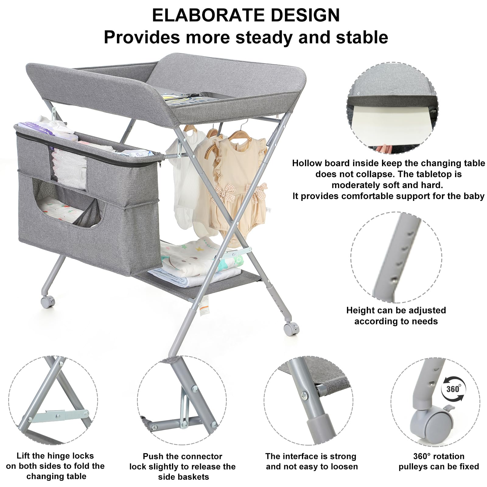 Adjustable Height Baby Changing Table with Wheels