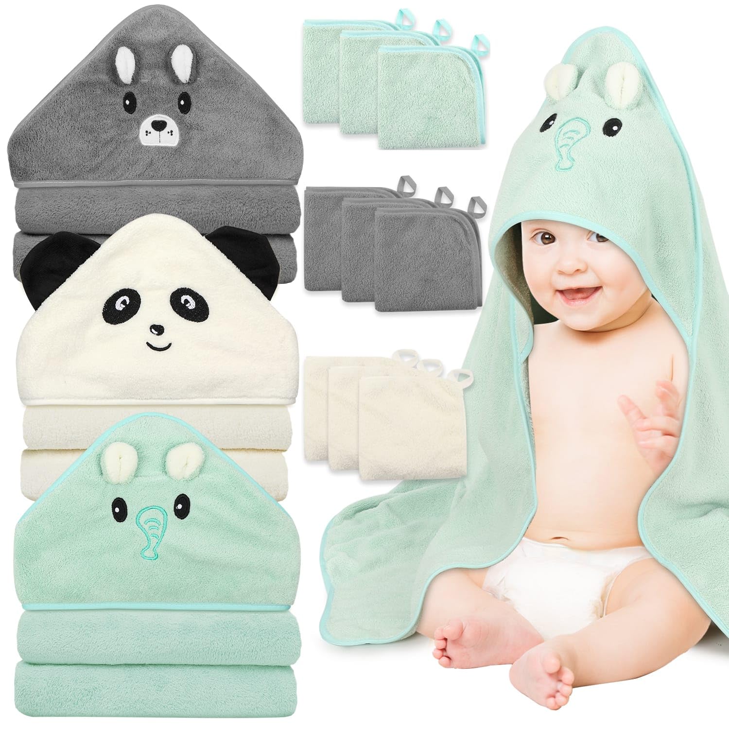 12 PCS Baby Towels, 3 PCS Soft Hooded Baby Towels