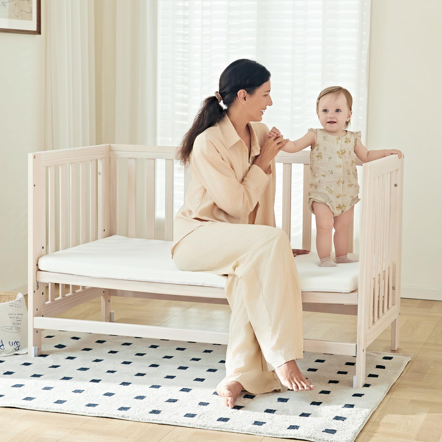 Baby Crib, 11 in 1 Convertible Mini Crib with Wheels, 100% New Zealand