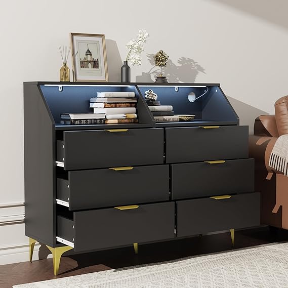 6 Drawer Dresser for Bedroom with Charging Station and LED Lights