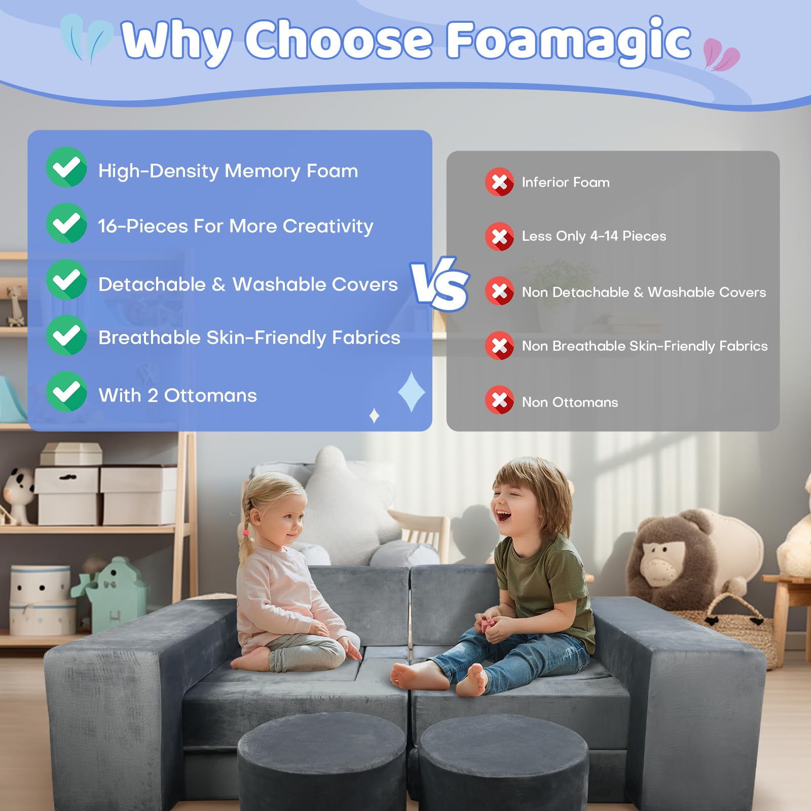 16-Piece Modular Kids Play Couch with Convertible Foam Shapes