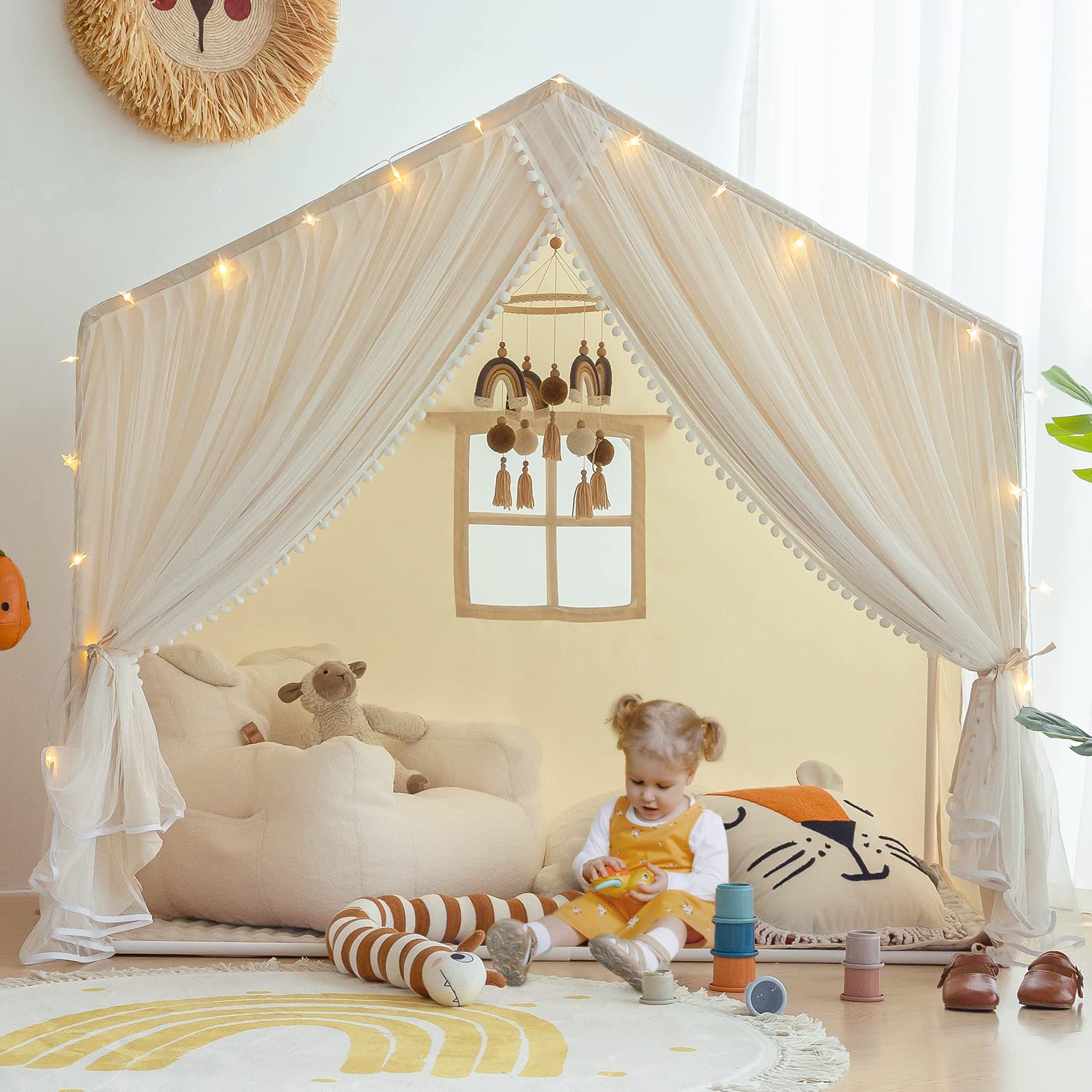 Kids Play Tent with Padded Mat, Kids Tents Large Princess Castle Pompoms Play House