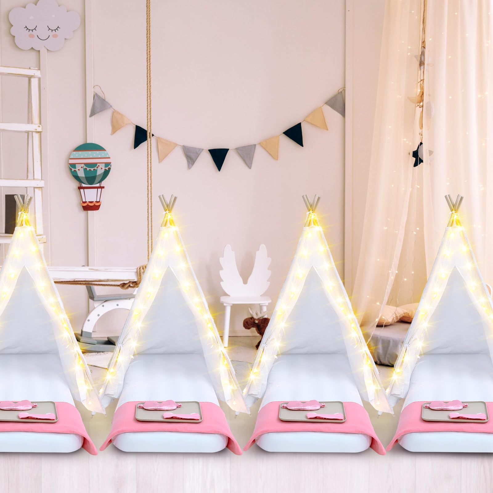 8 Pack Kids Teepee Tent for Slumber Party with Mattress,Light