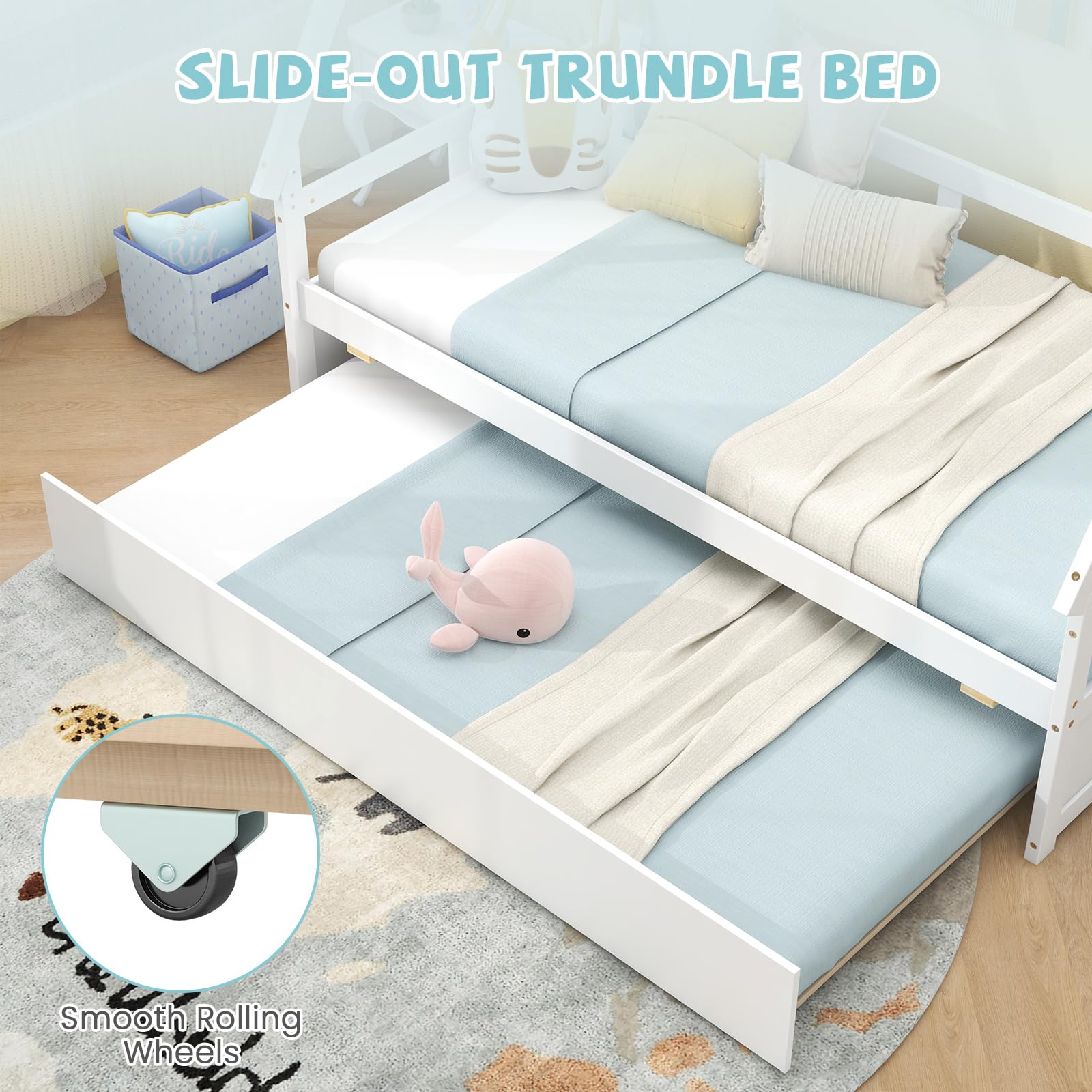 Giantex House Bed with Trundle Twin, Wood Montessori Bed Frame with Safety Guardrail, Low Kids Teepee Bed for Boys Girls Teens, No Box Spring Needed, White