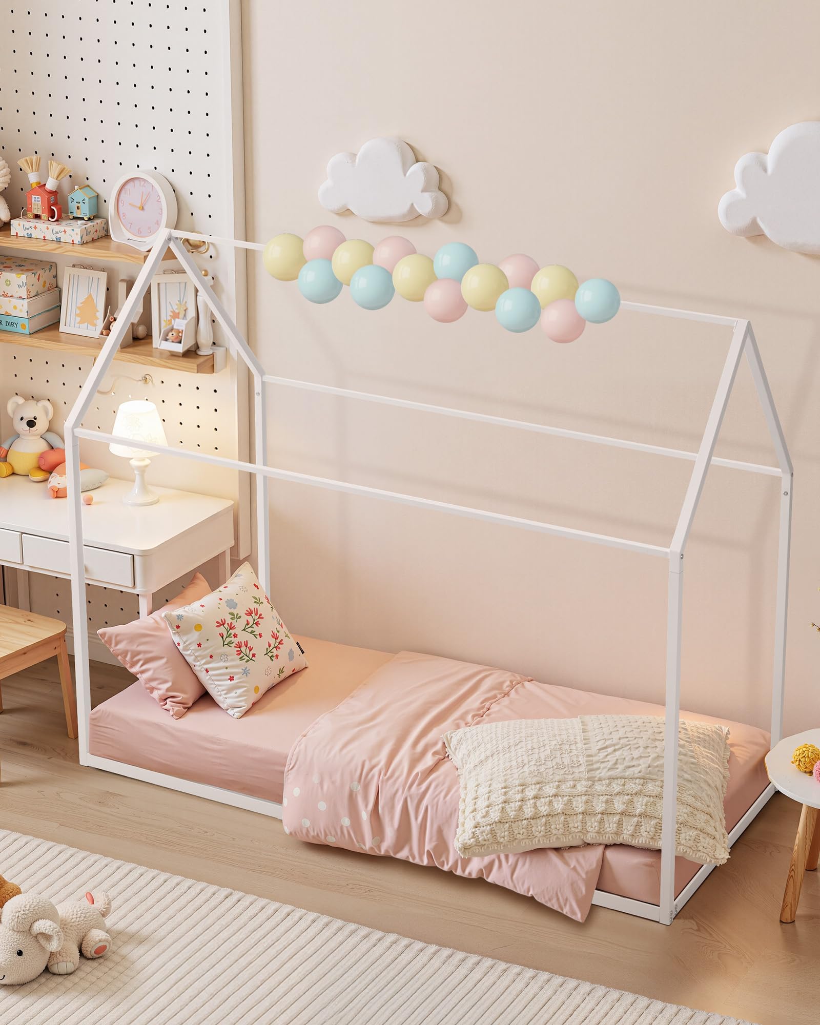 Twin Size House Bed Frame, Metal Kids Floor Bed Frame with Roof