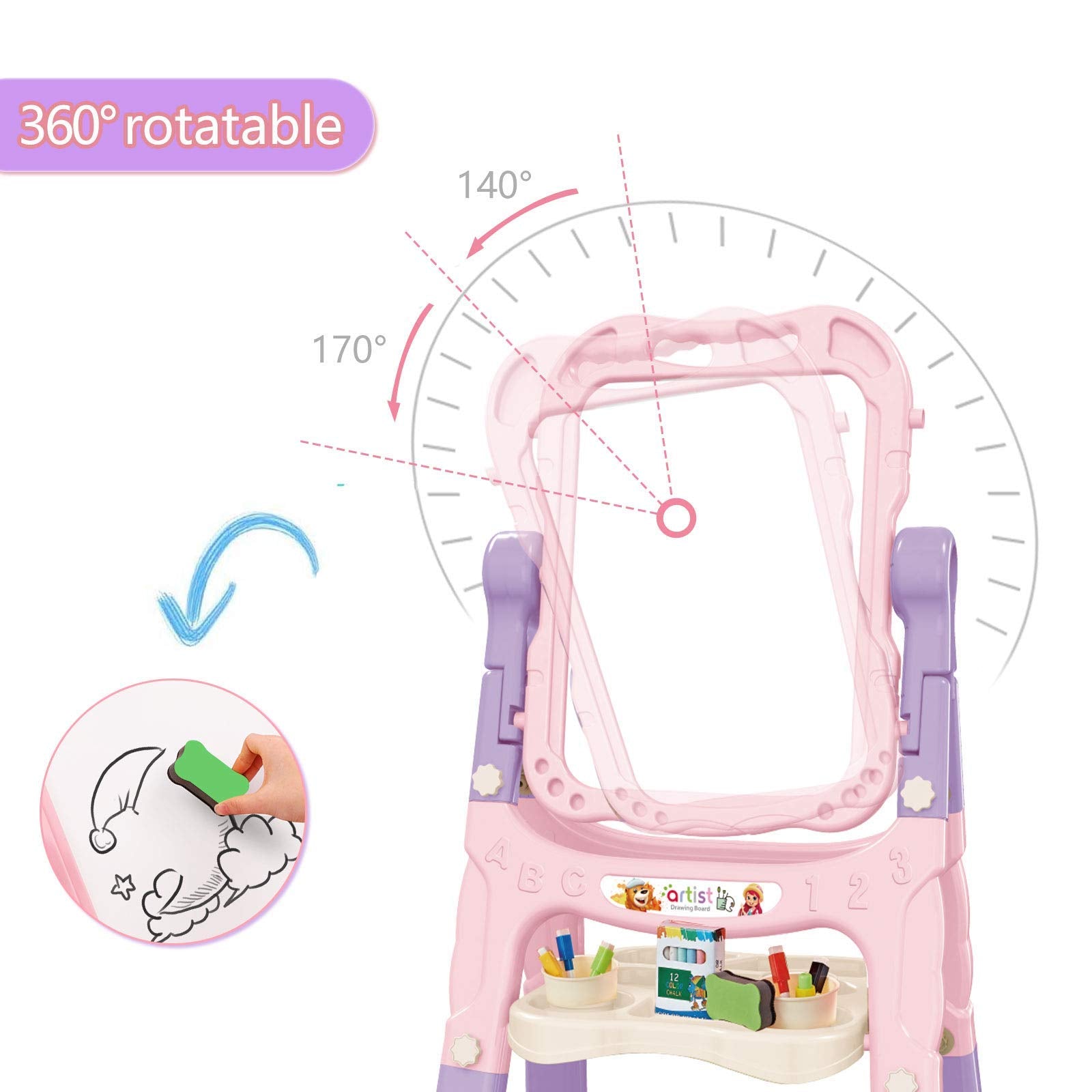 Art Easel for Kids, Adjustable Standing Rotatable Double Sided Easel with Painting Accessories for Toddlers Boys and Girls-Pink