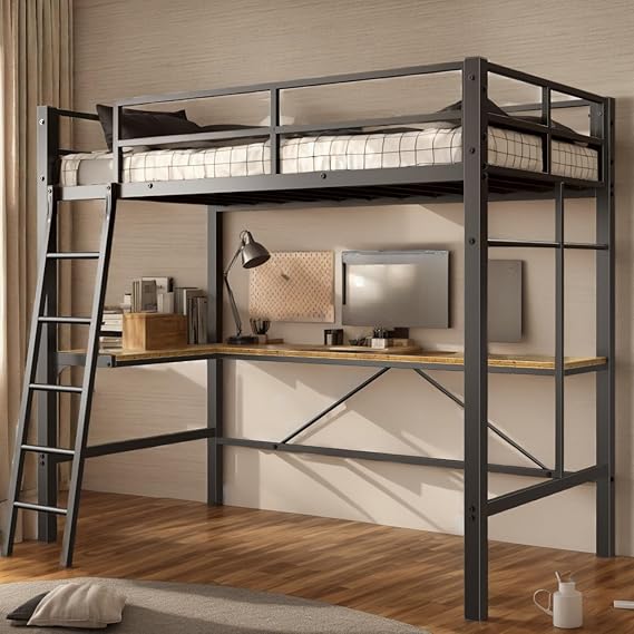 Metal Loft Bed Twin Size with Desk, Heavy Duty Twin Bed Frame