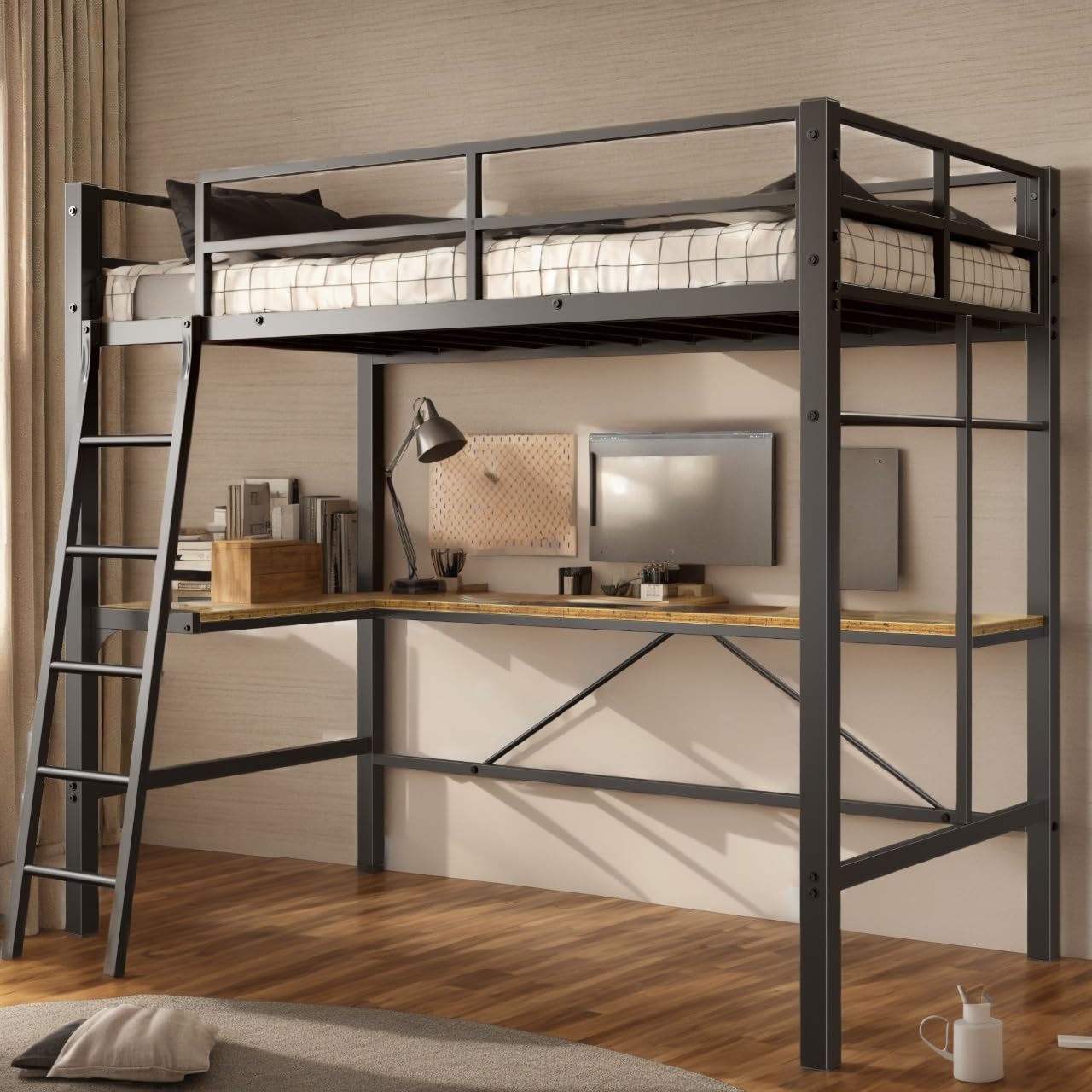 Metal Loft Bed Twin Size with Desk, Heavy Duty Twin Bed Frame