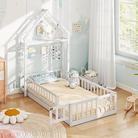 Twin House Floor Bed for Kids, Wood Montessori Bed Frame