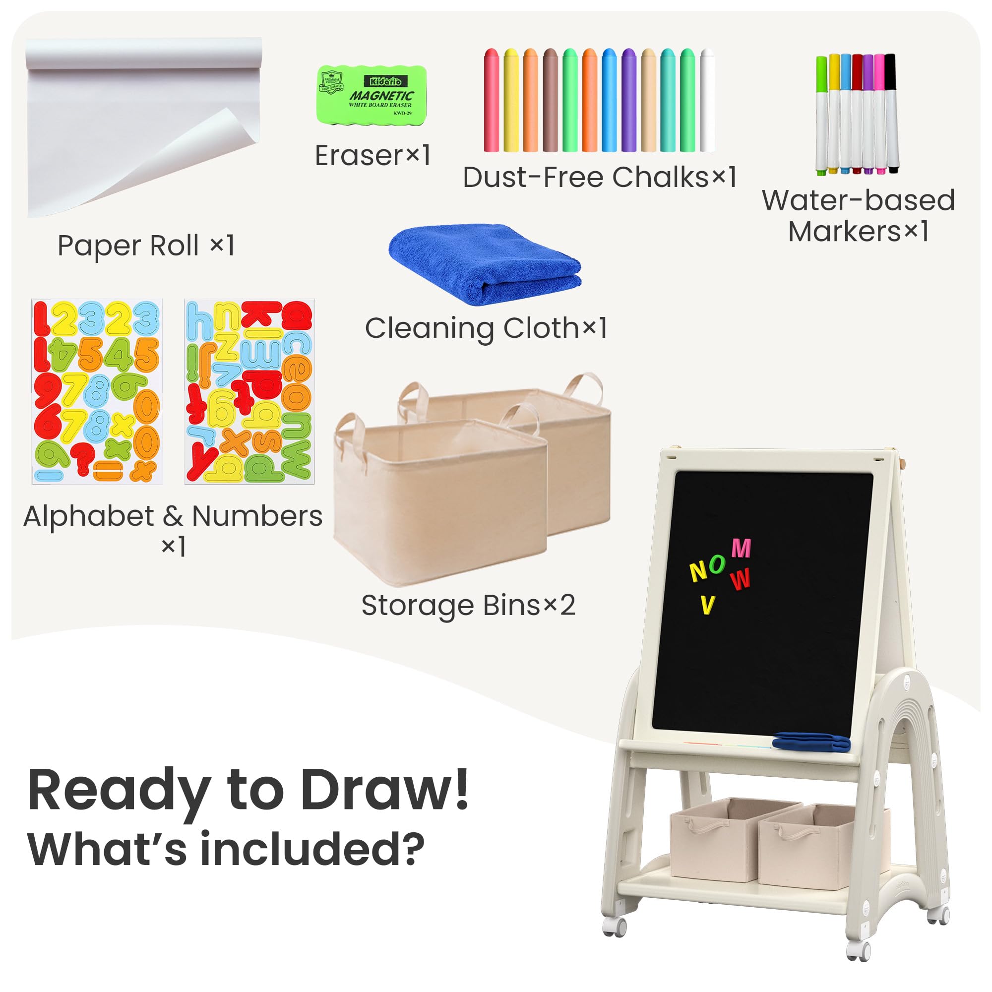 3-in-1 Adjustable Kids Art Easel with Wheels and Storage