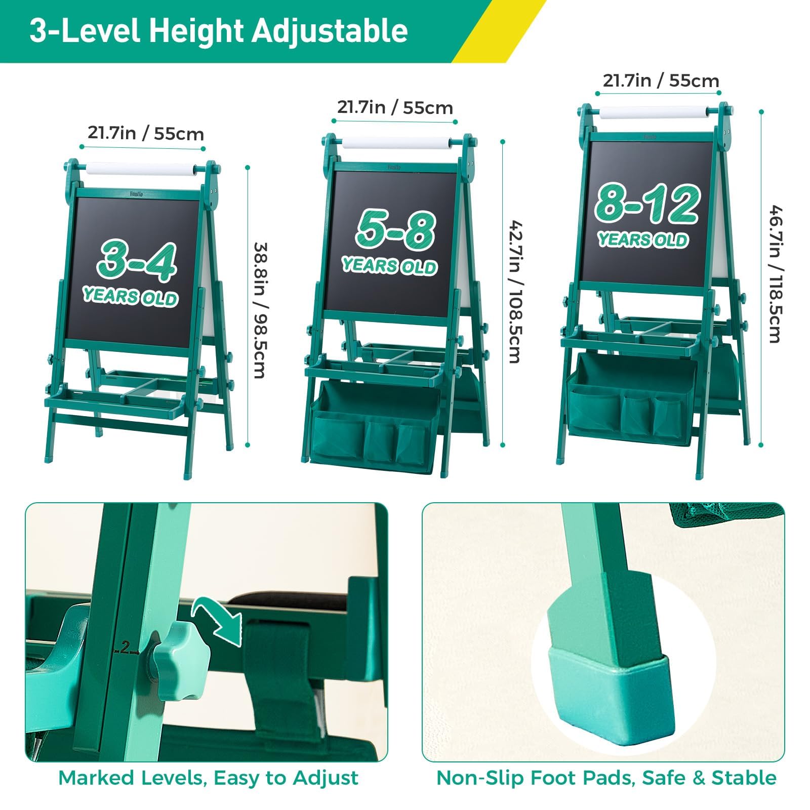 FUNLIO Foldable Anti-Warping Kids Art Easel, 3 Height Adjustable Toddler Easel, All-in-One for Kids Aged 3-8 with Paper Roll, Standing Easel with Magnetic Chalkboard/Whiteboard - Viridian Foldable
