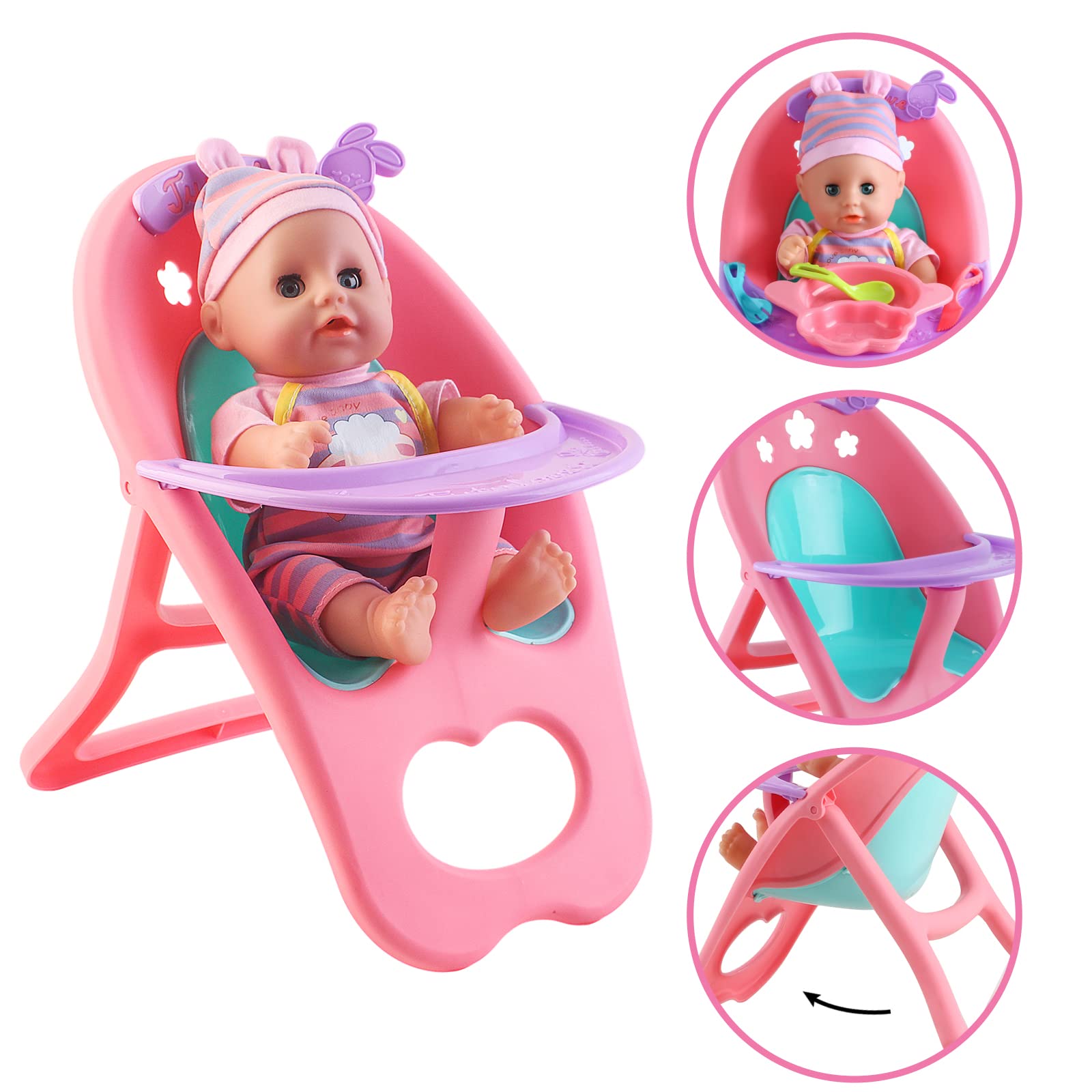 12” Baby Doll Play Set with Crib, Mobile, High Chair Feeding Accessories