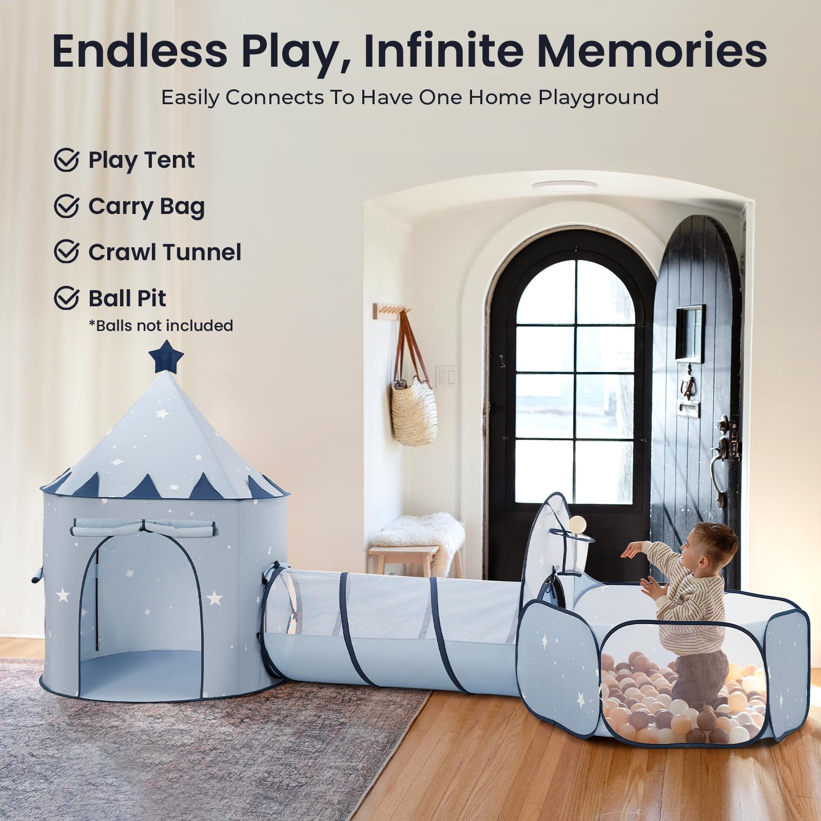 Tiny Land 3-in-1 Baby Tunnel for Toddlers with Ball Pit & Play Tent, Pop Up Crawl Tunnel for Kids, Indoor/Outdoor Play Tunnel, Foldable Baby Crawling Tunnel Toy (Blue)