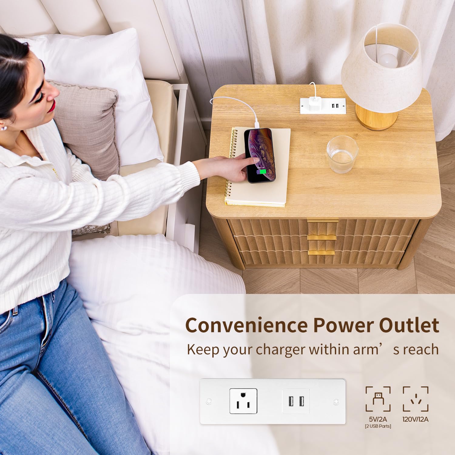 Fluted Nightstand with Charging Station and 3 Drawers