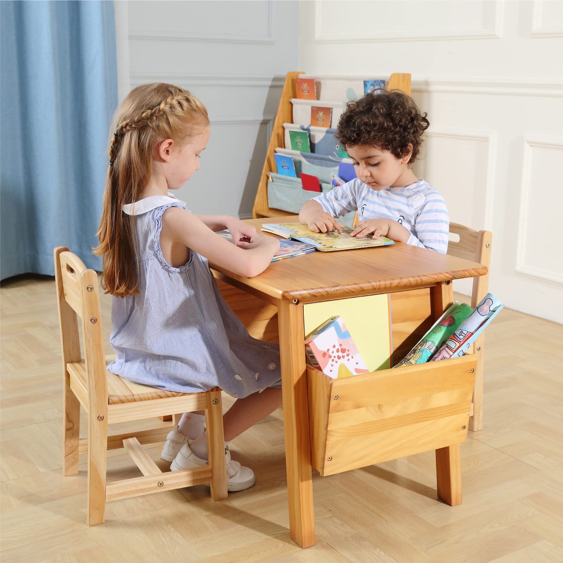 Wood Table and 2 Chair Set with Storage Desk and Chair Set