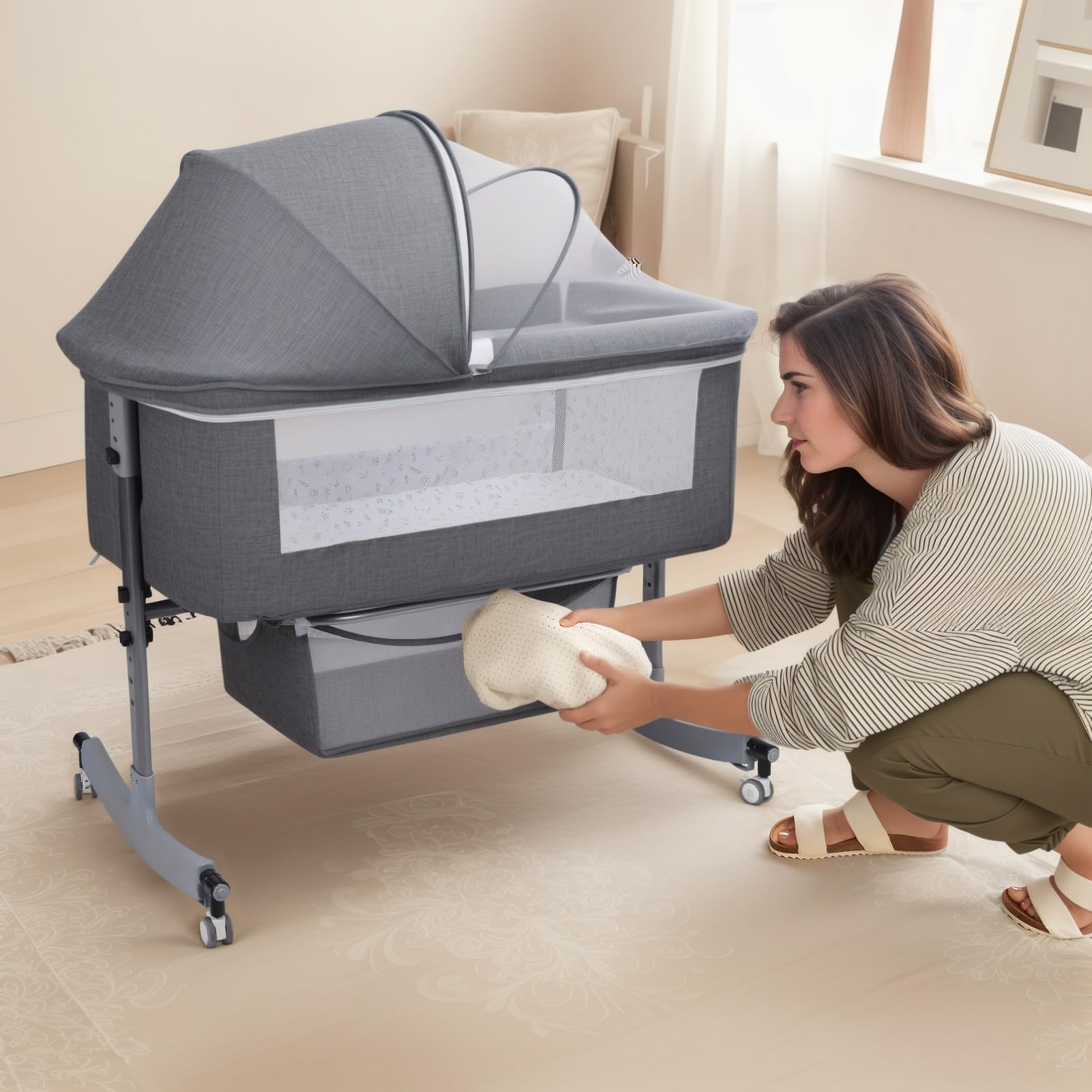 Height Adjustable Bedside Bassinet with Mosquito Net