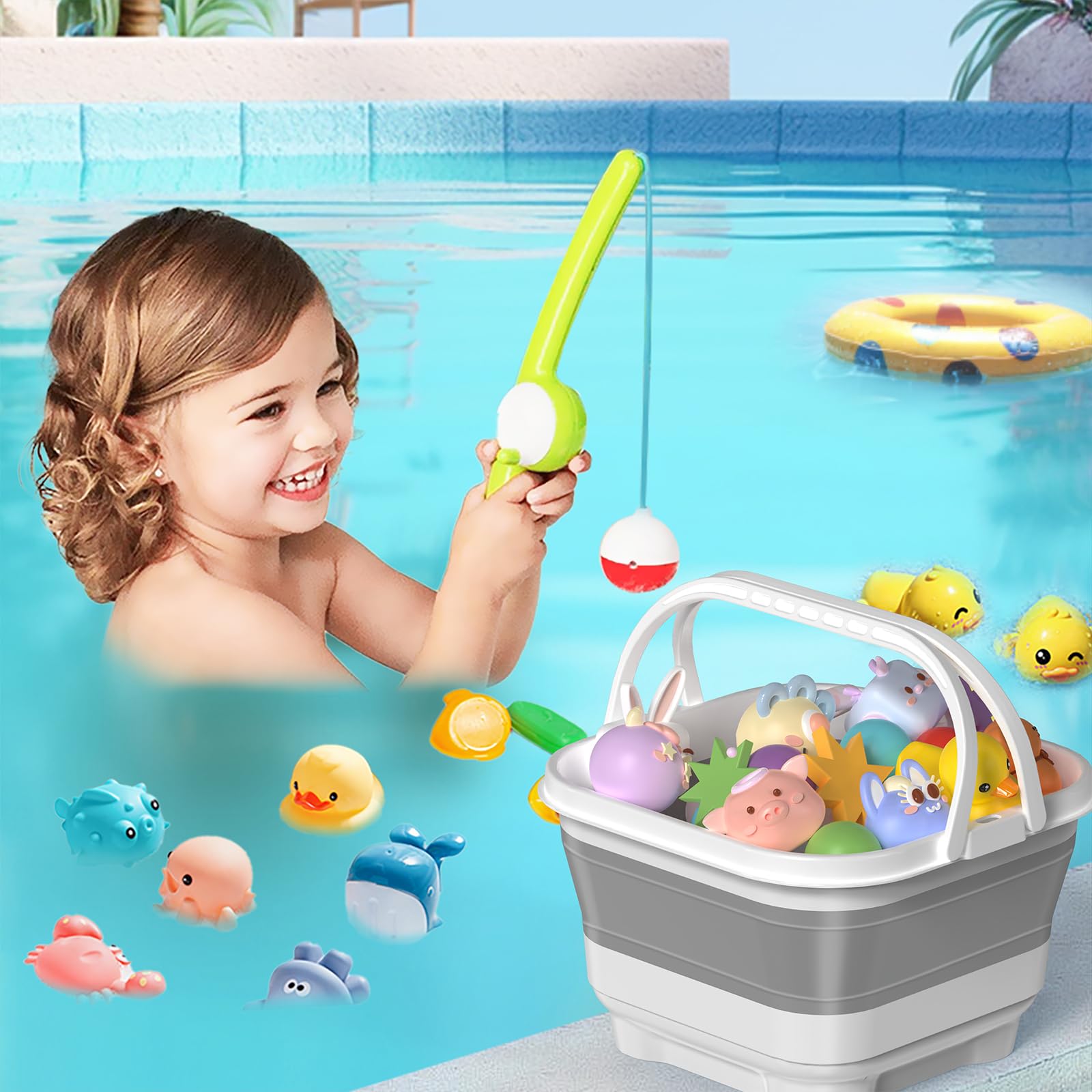 Foldable Bath Toy Storage Organizer with Drain Base Gray