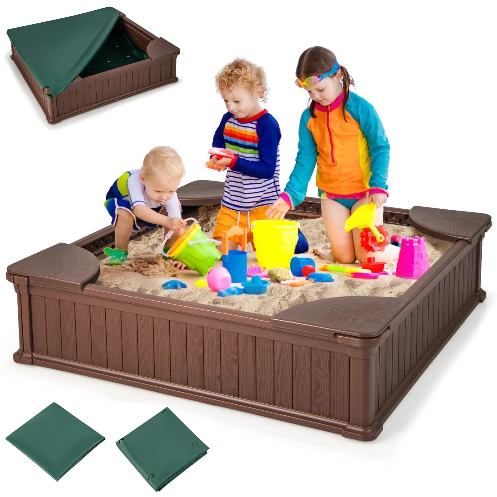 12.5" Kids Sandbox with Cover, 48 x 48 Inch Large HDPE Pit for Backyard