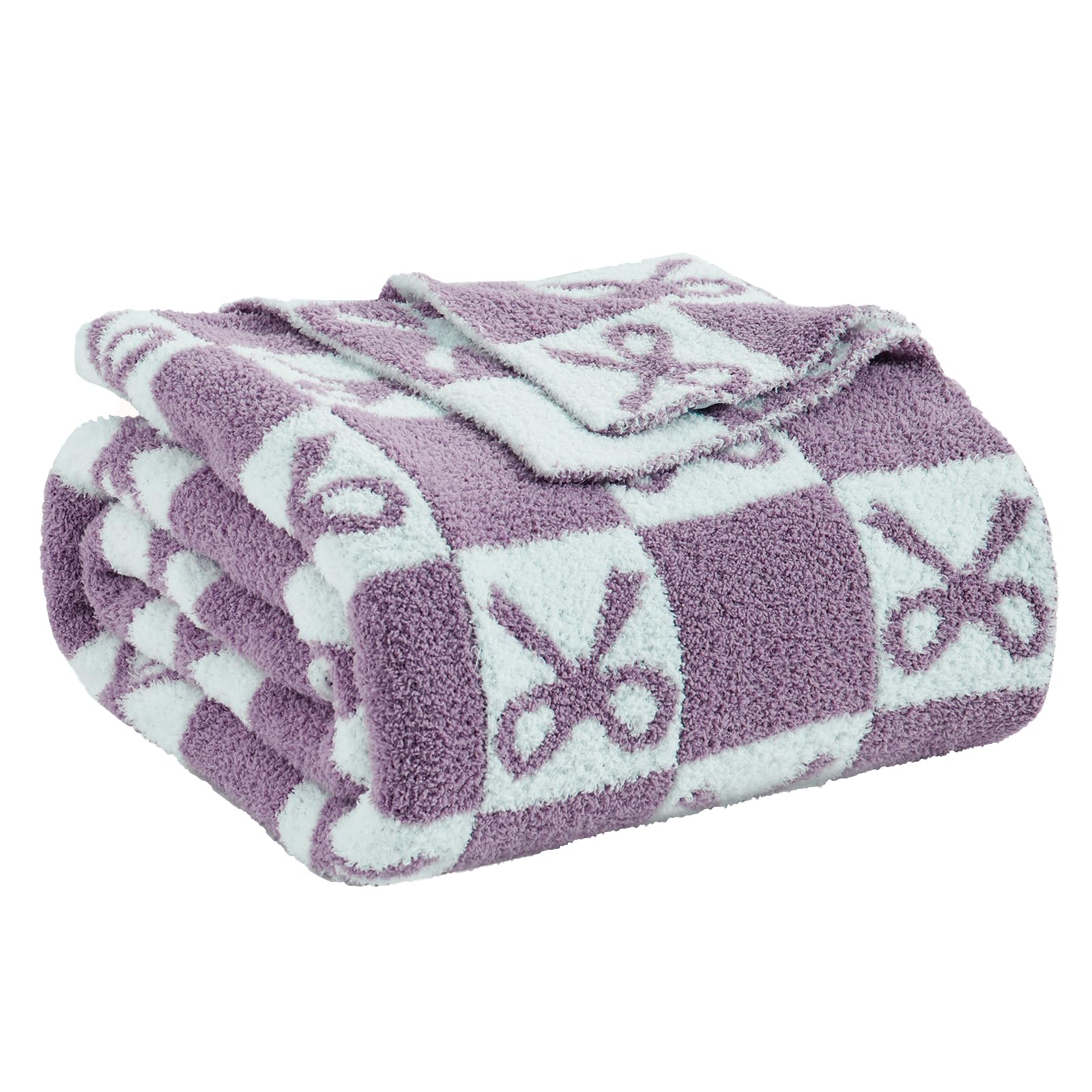 Purple Checkered Knit Throw Blanket with Bow Pattern 50x60 Lovely Ultra Soft Microfiber