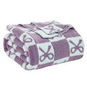 Purple Checkered Knit Throw Blanket with Bow Pattern 50x60 Lovely Ultra Soft Microfiber