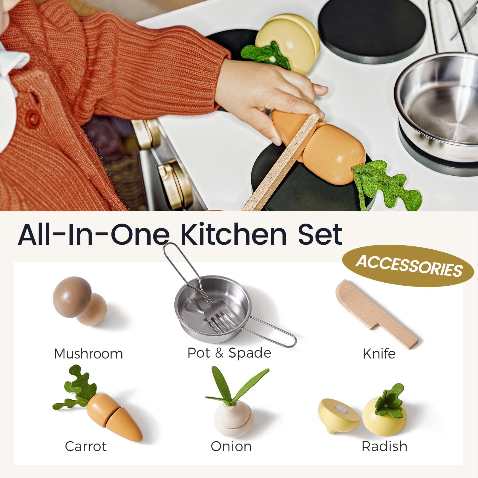 Wooden Play Kitchen for Toddlers with Cutting Food and Cookware