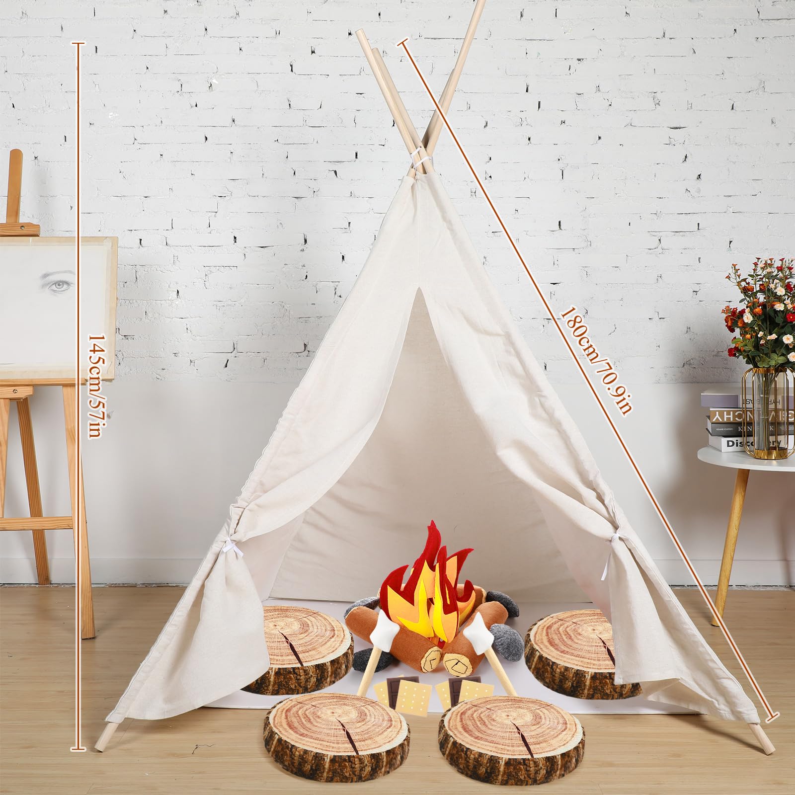 Kigley 26 Pcs Pretend Camping Play Set Includes Kids Teepee Tent Beige Indoor Play Tent Felt Campfire Toys Wood Print Throw Pillow Floor Cushion for Boys Girls Adults Dramatic Play Home Decorations