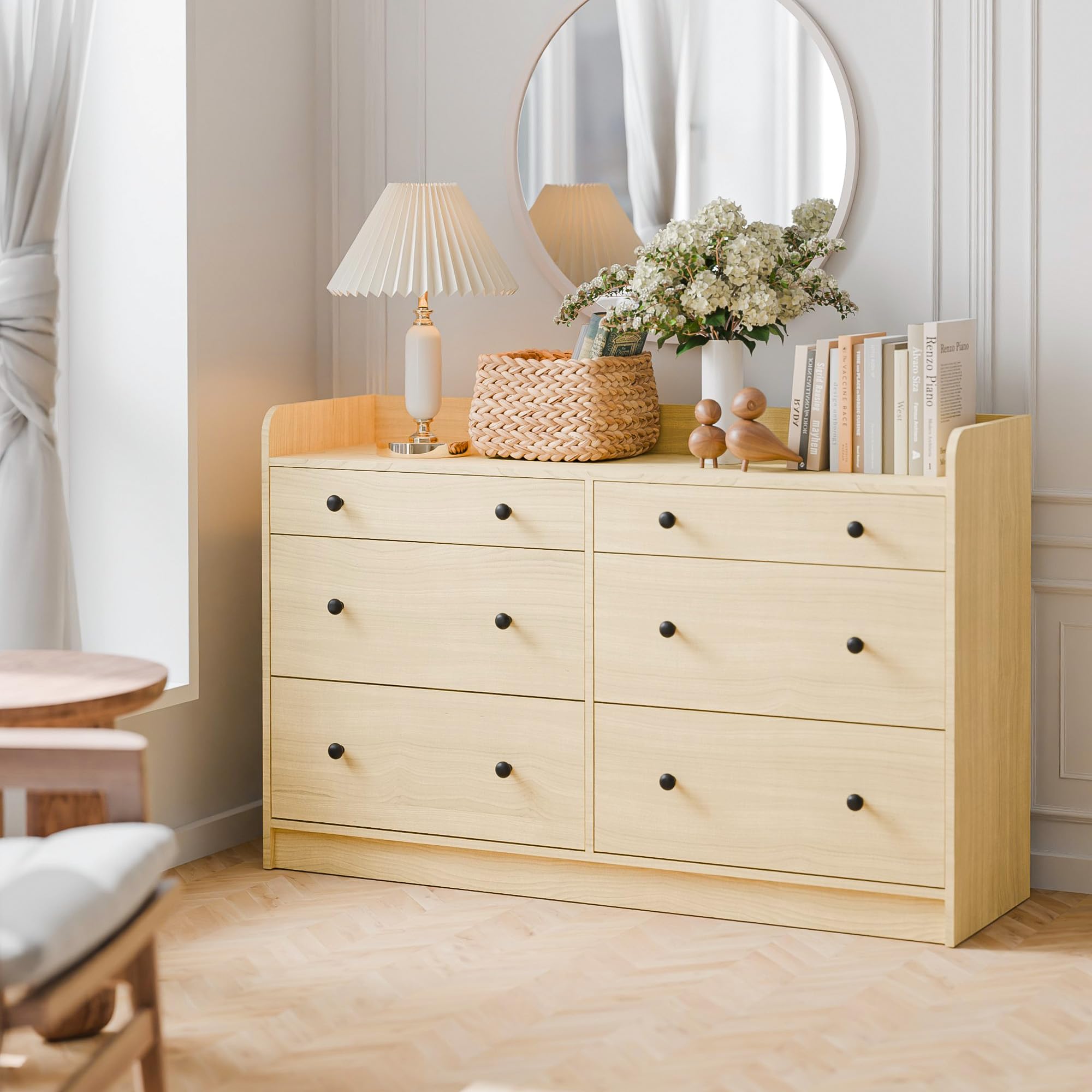 6 Drawer Wood Dresser Cabinet 52 Inch Long Modern Sideboard