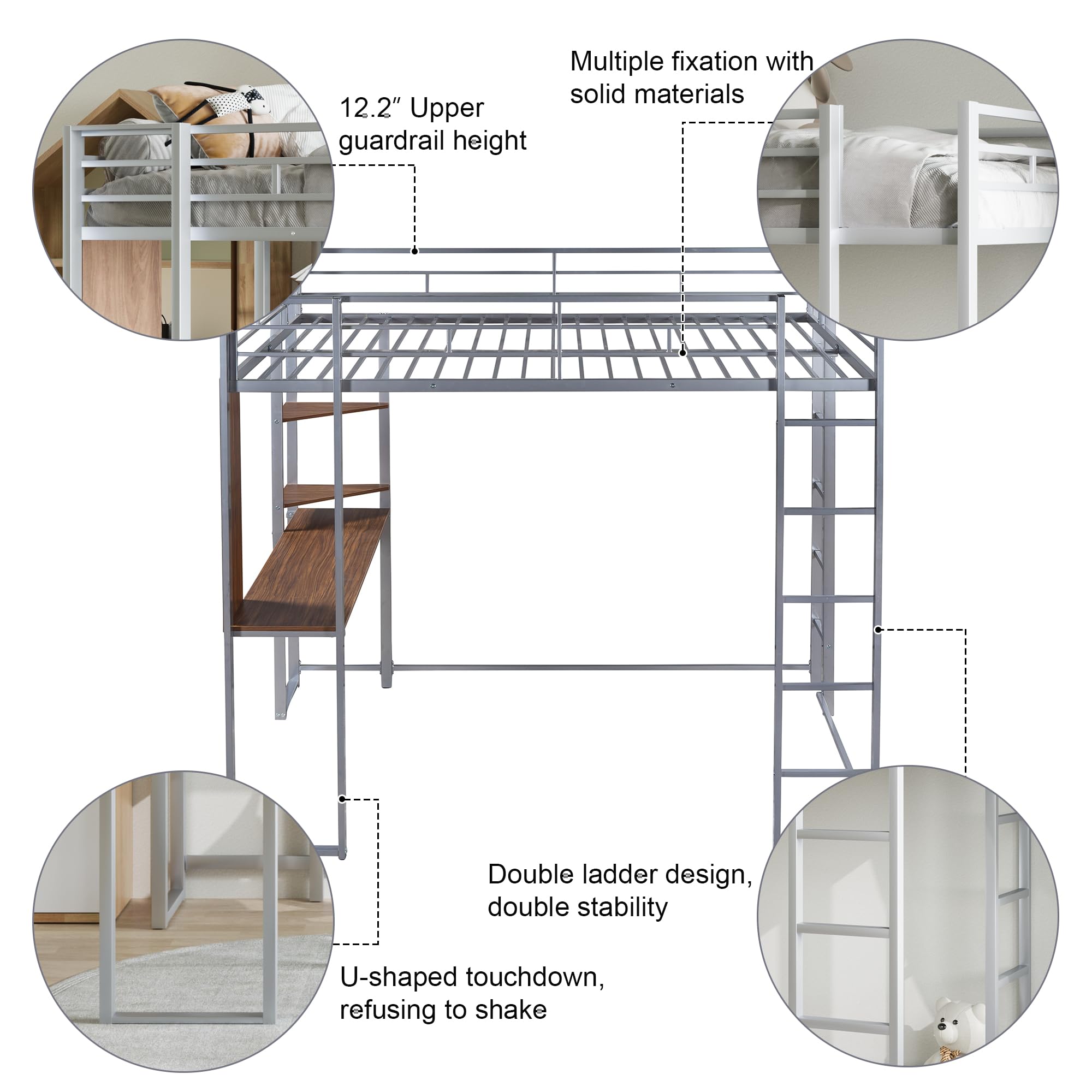 Metal Full Loft Bed with Desk and Shelves