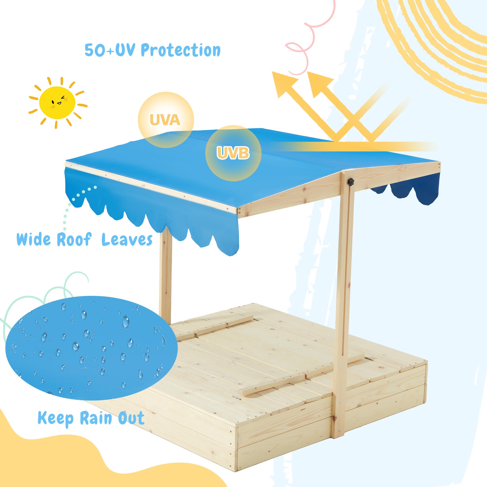 Wooden Sandbox with Canopy and Bench Seats