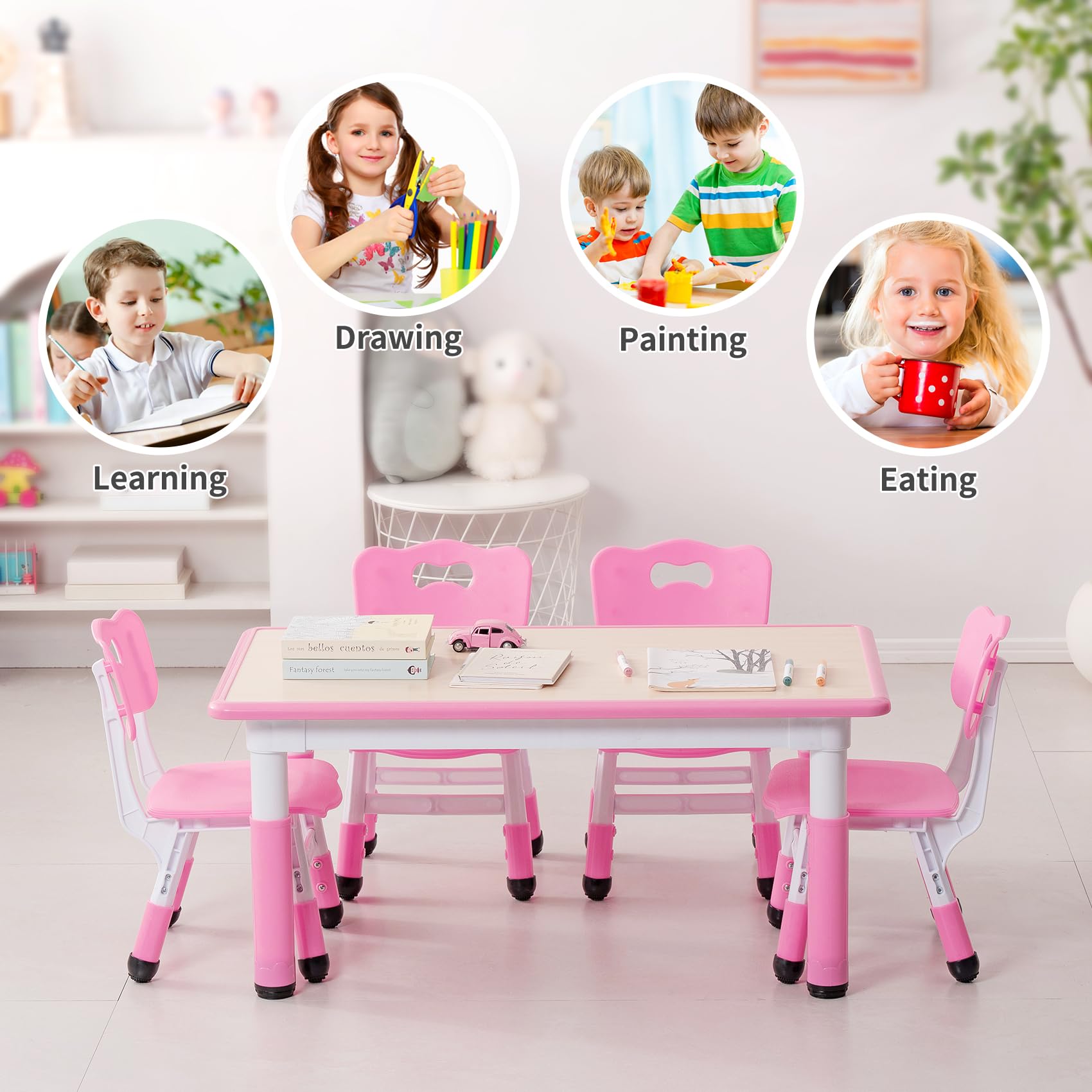 Height Adjustable Kids Table and Chairs Set with Graffiti Desktop
