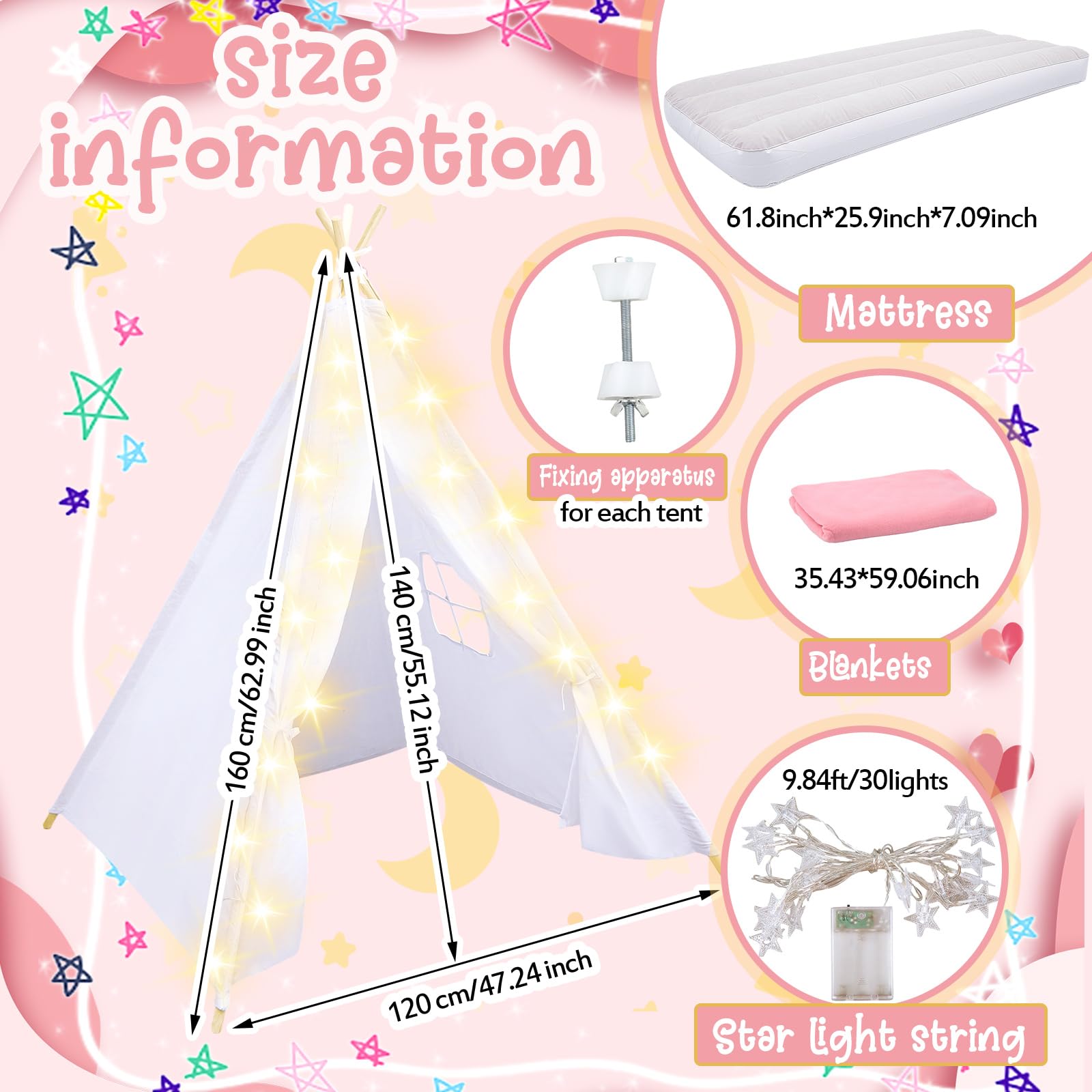 4 Pack White Kids Teepee Tent for Slumber Party, Sleepover Party